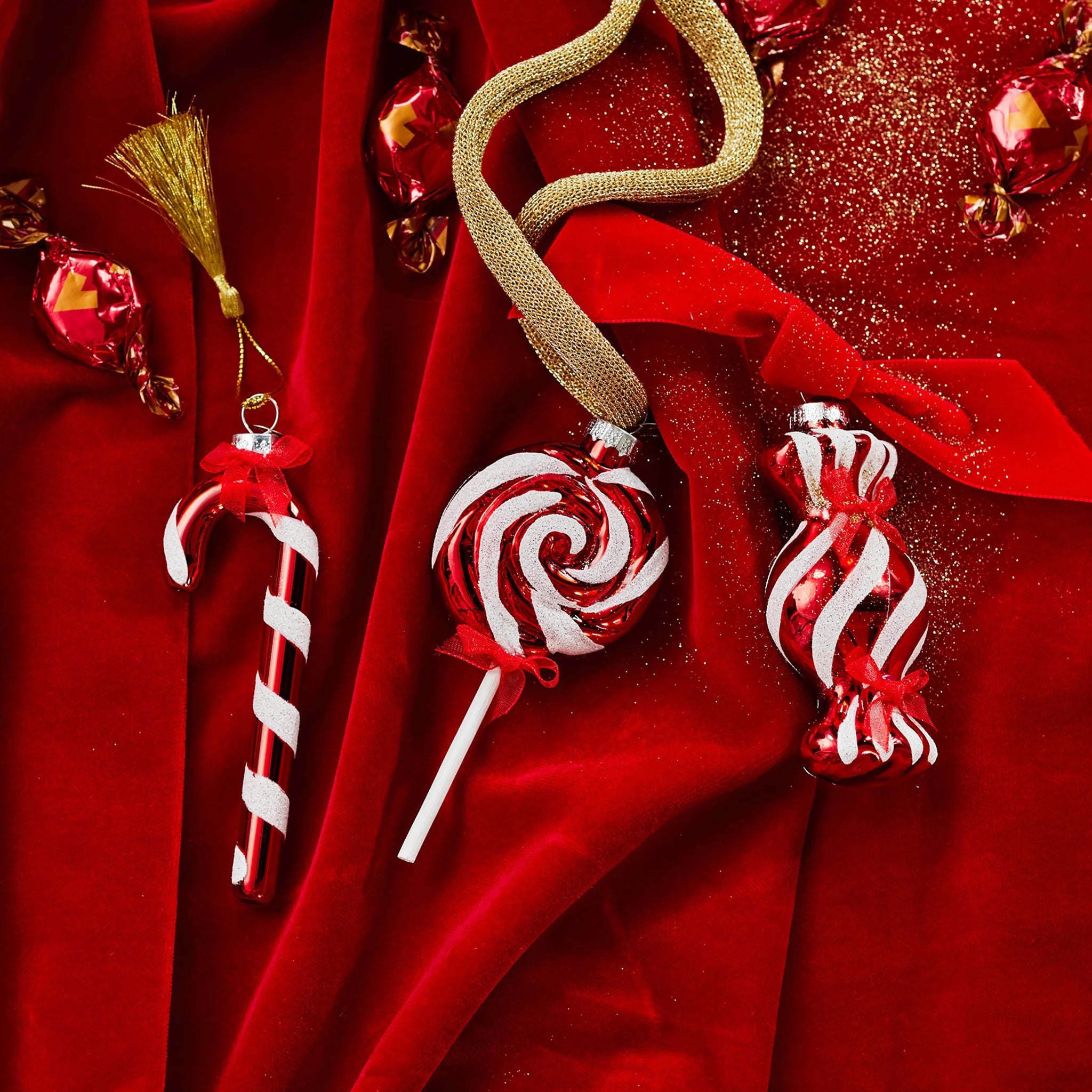 Padauk - Set 3 pendenti bianco e rosso per albero di Natale