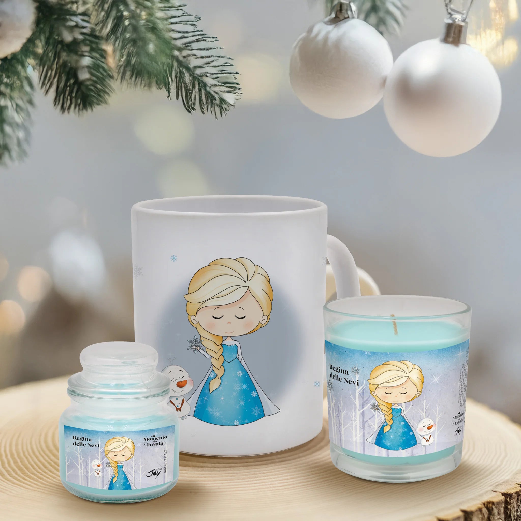 Set tazza tema "Regina delle nevi" e 2 candele profumate fragranza relax