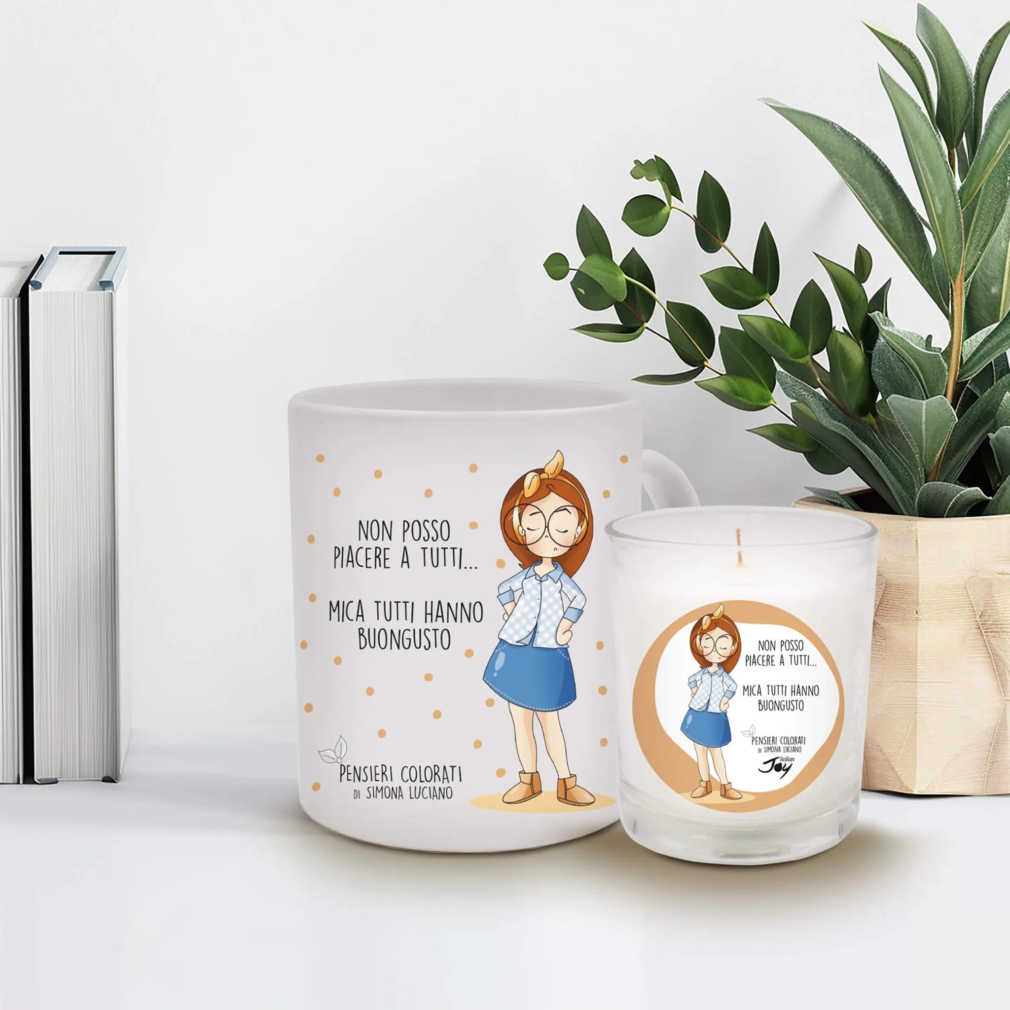 Set 1 tazza in ceramica e bicchiere con candela fragranza gelsomino