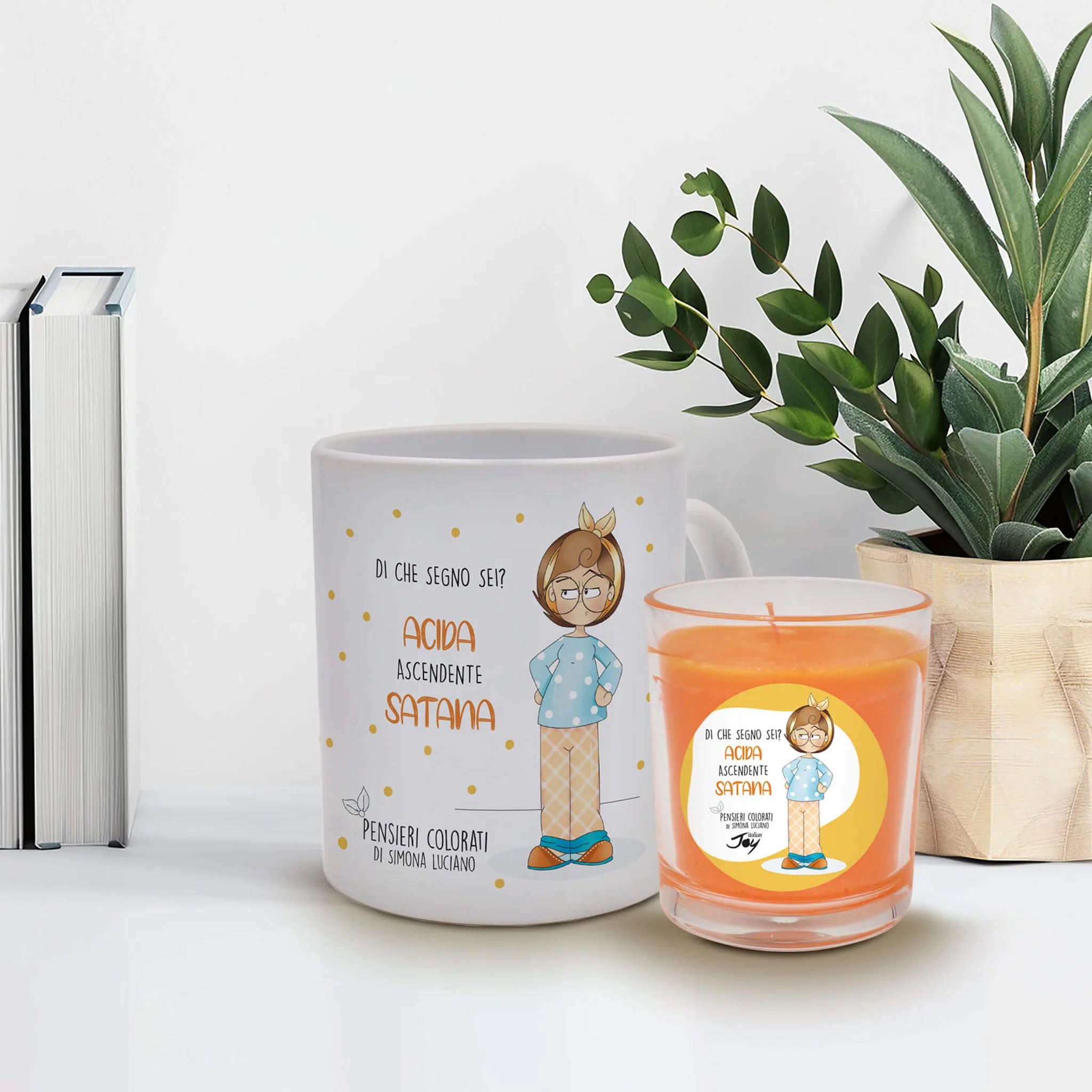 Set 1 tazza in ceramica e bicchiere con candela fragranza agrumi