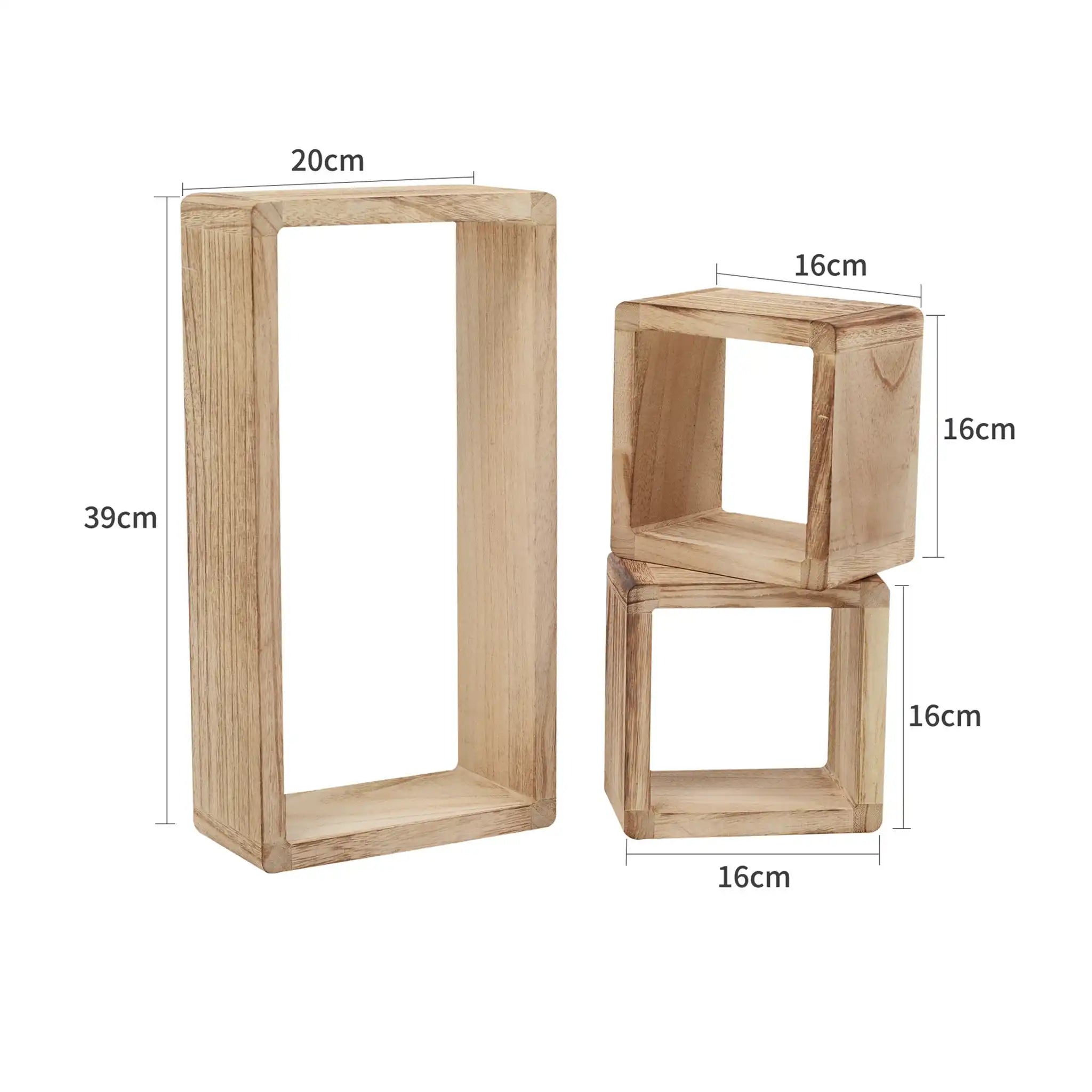 Set of 3 shelves in light wood cube and rectangle design