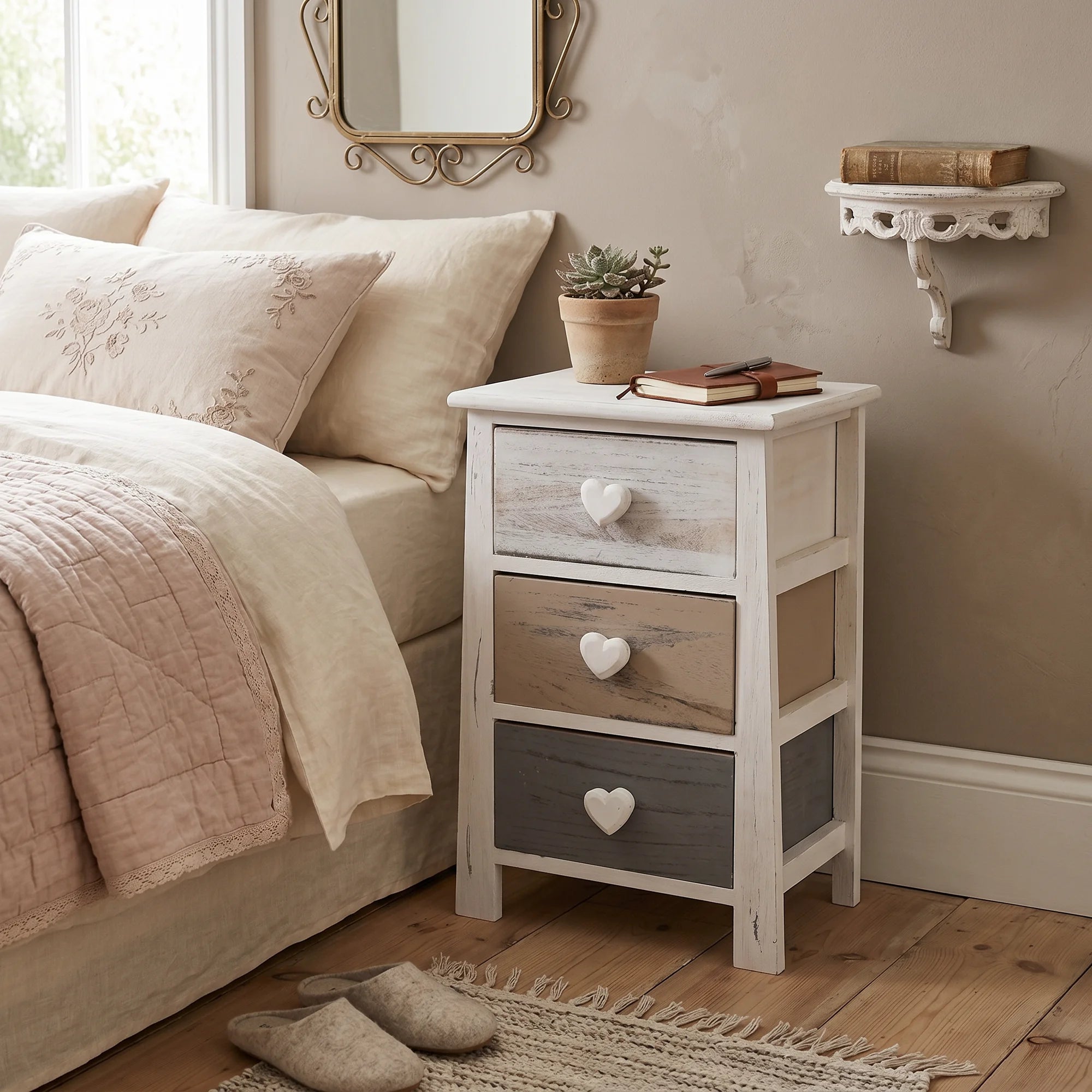 Eugenia - Comodino shabby chic con pomelli a cuore e 3 cassetti