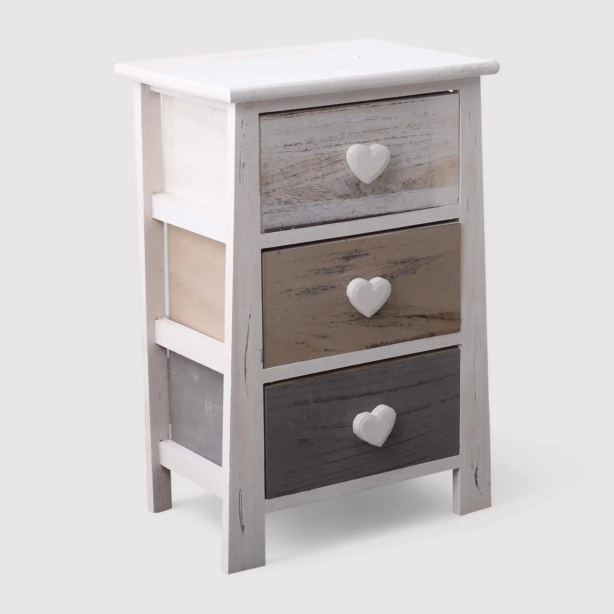 Eugenia - Comodino shabby chic con pomelli a cuore e 3 cassetti