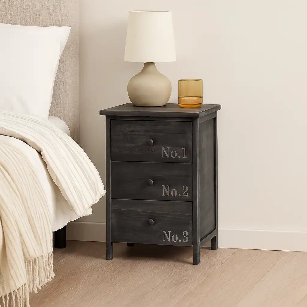 Anturio - Comodino in stile industrial con 3 cassetti decorati