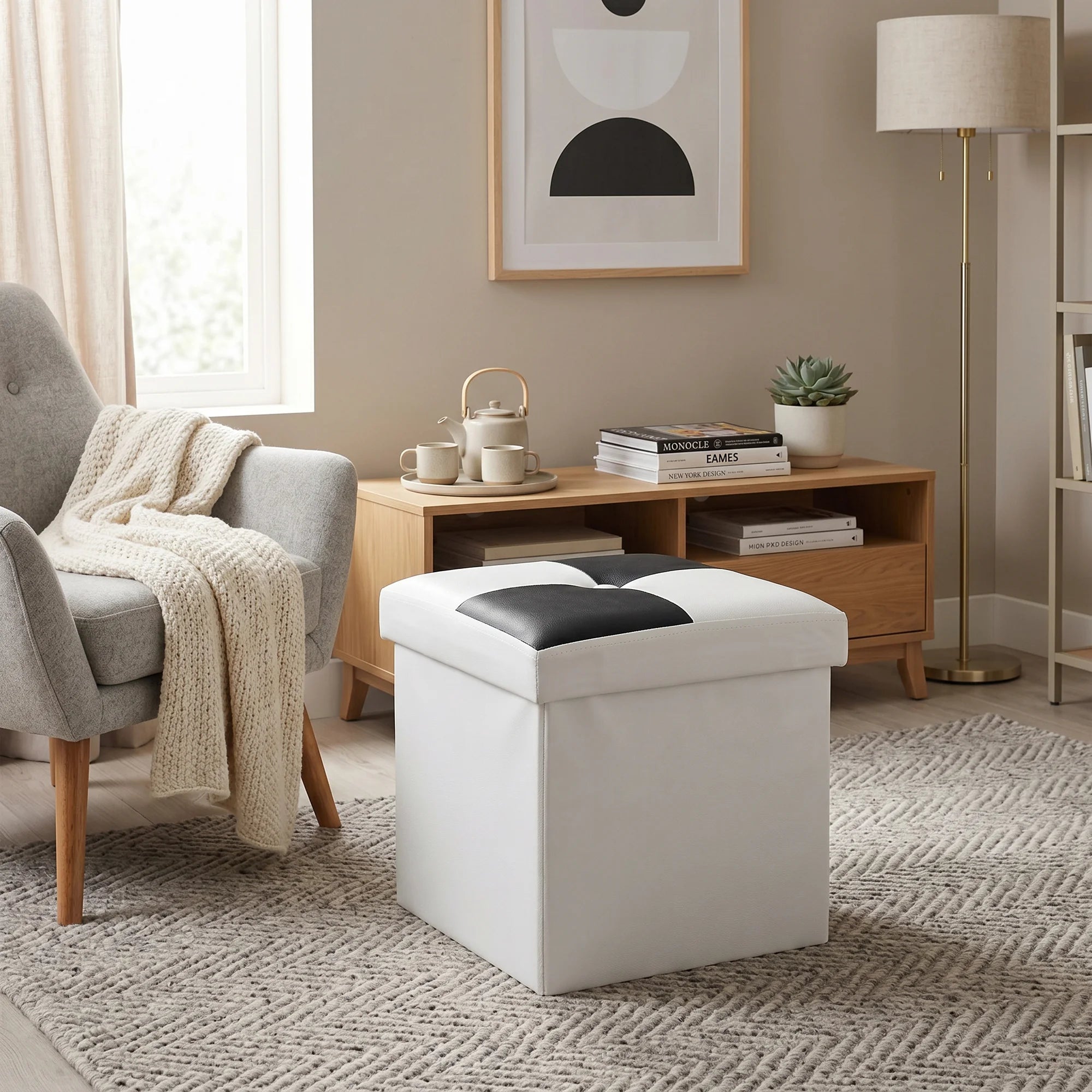Cydonia - Pouf contenitore a cubo bianco e nero moderno