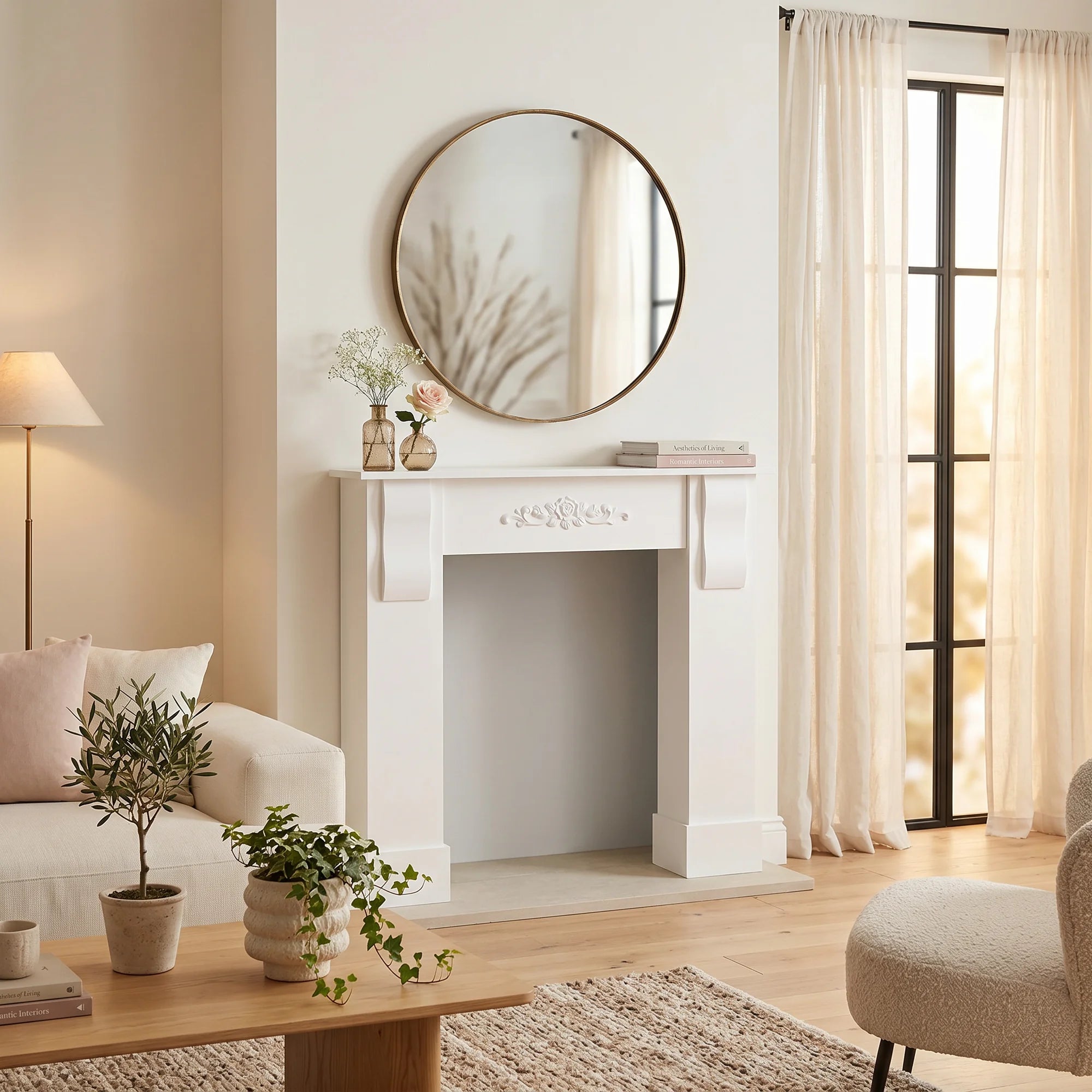 Marco de chimenea blanco de estilo clásico con decoración