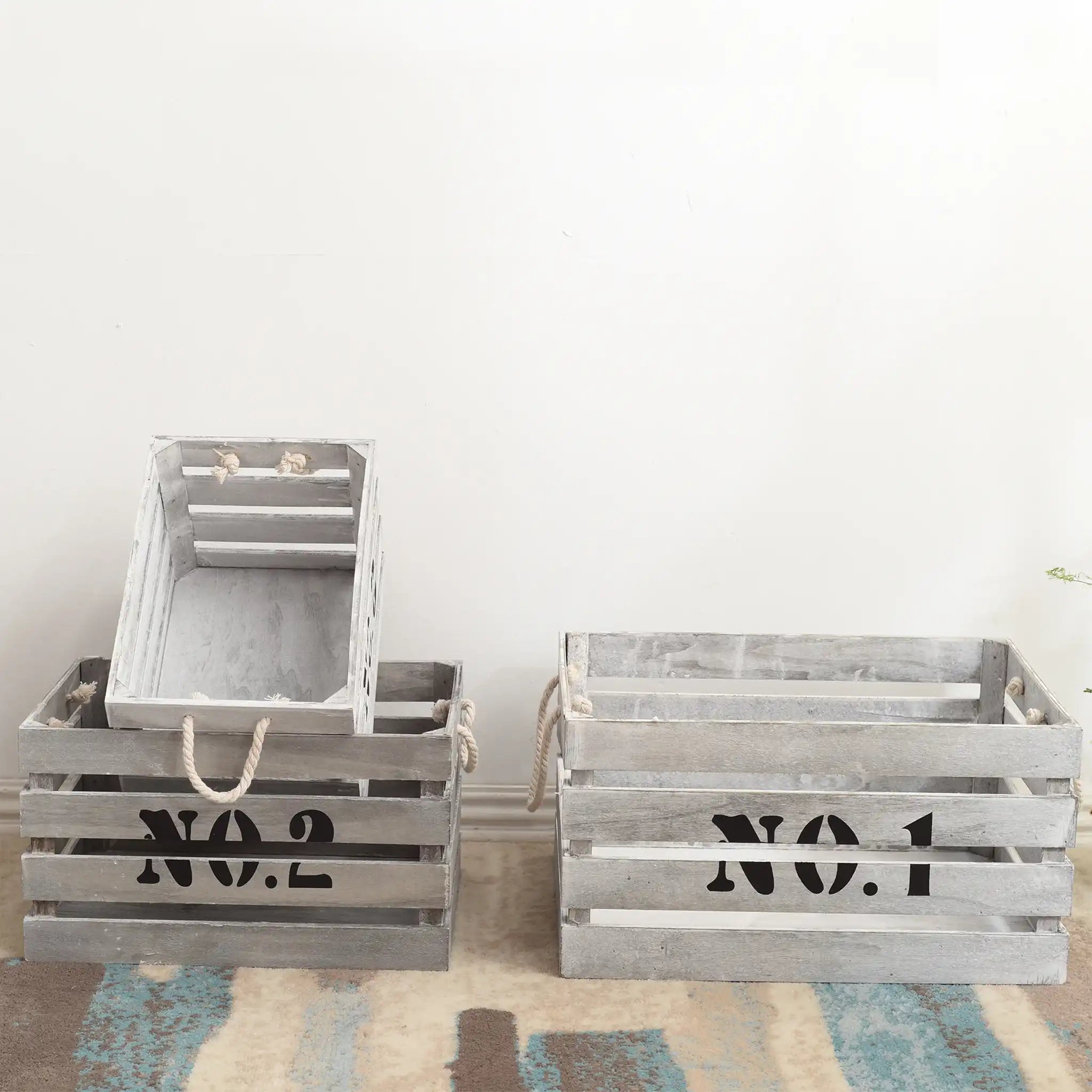 Set de 3 boîtes en bois shabby blanches décorées