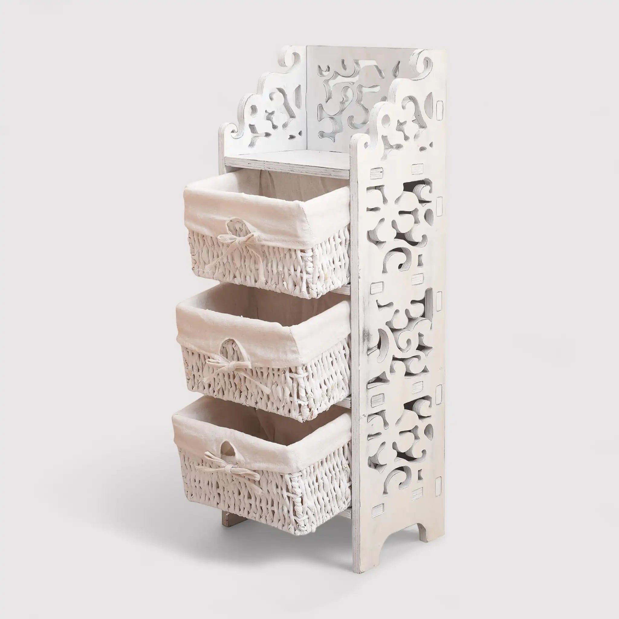 Maranta - Comodino in vimini con 3 cestini con motivo floreale