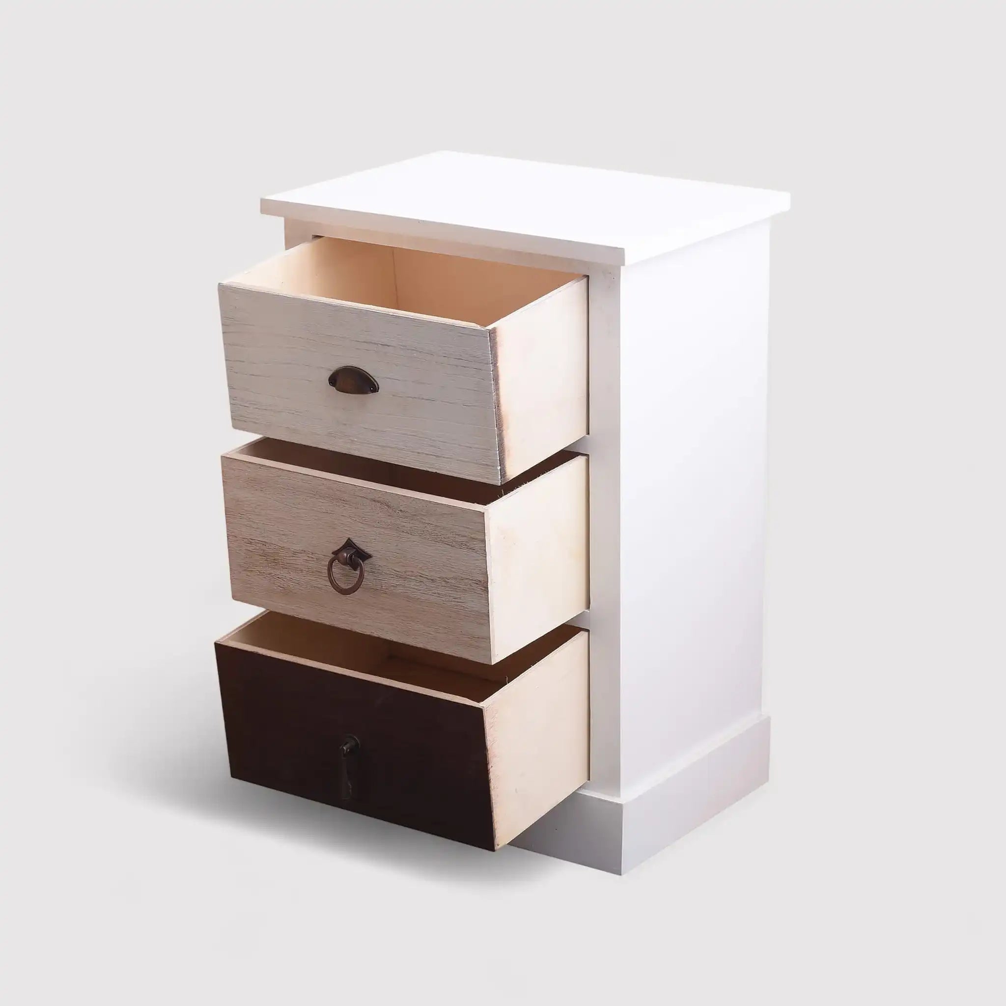 Table de chevet vintage avec 3 tiroirs en bois naturel