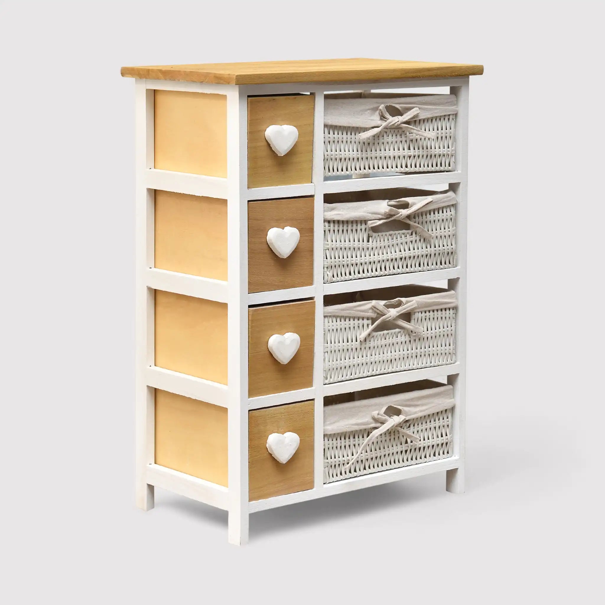 Calendula - Cassettiera shabby bianca con 4 cassetti e 4 cestini