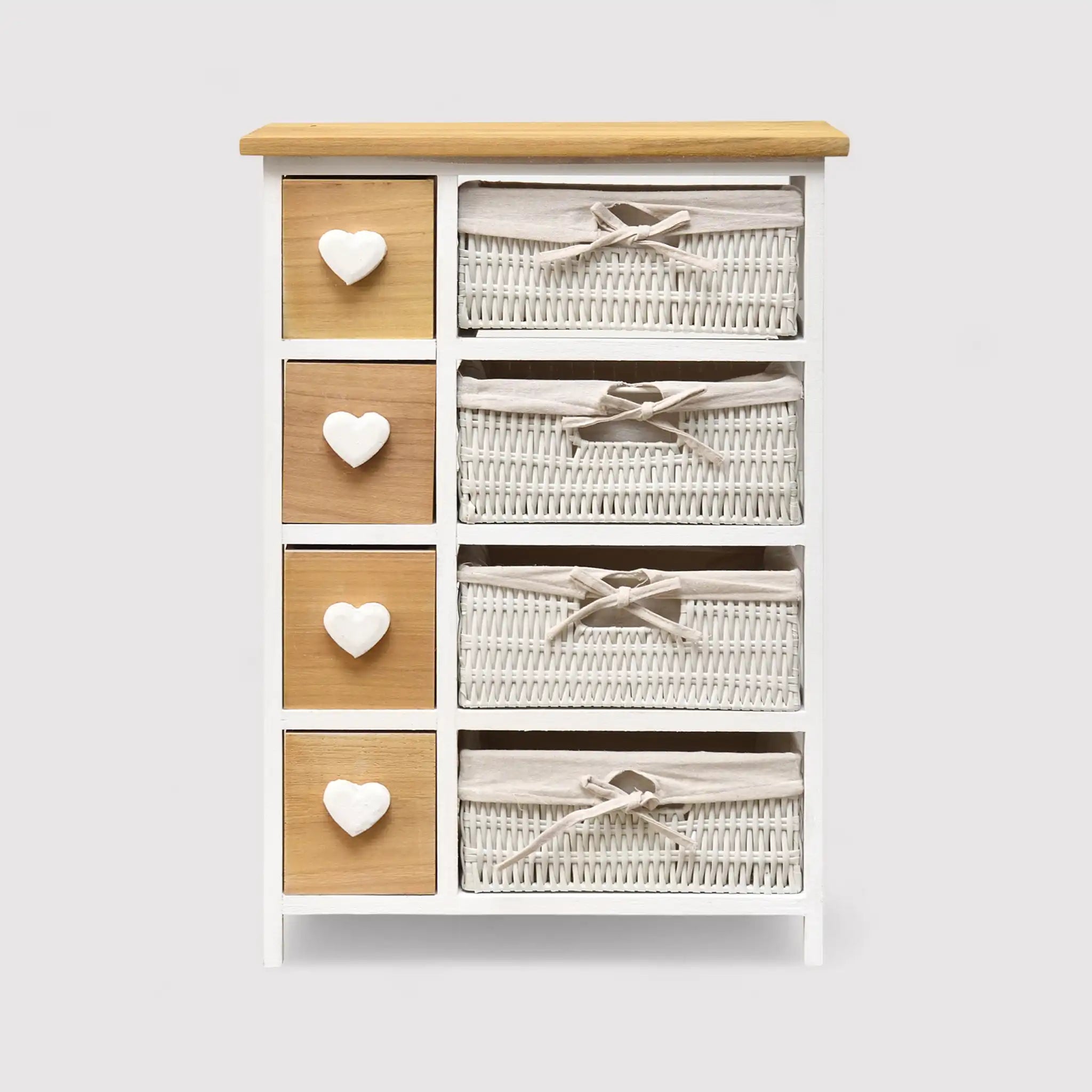 Calendula - Cassettiera shabby bianca con 4 cassetti e 4 cestini