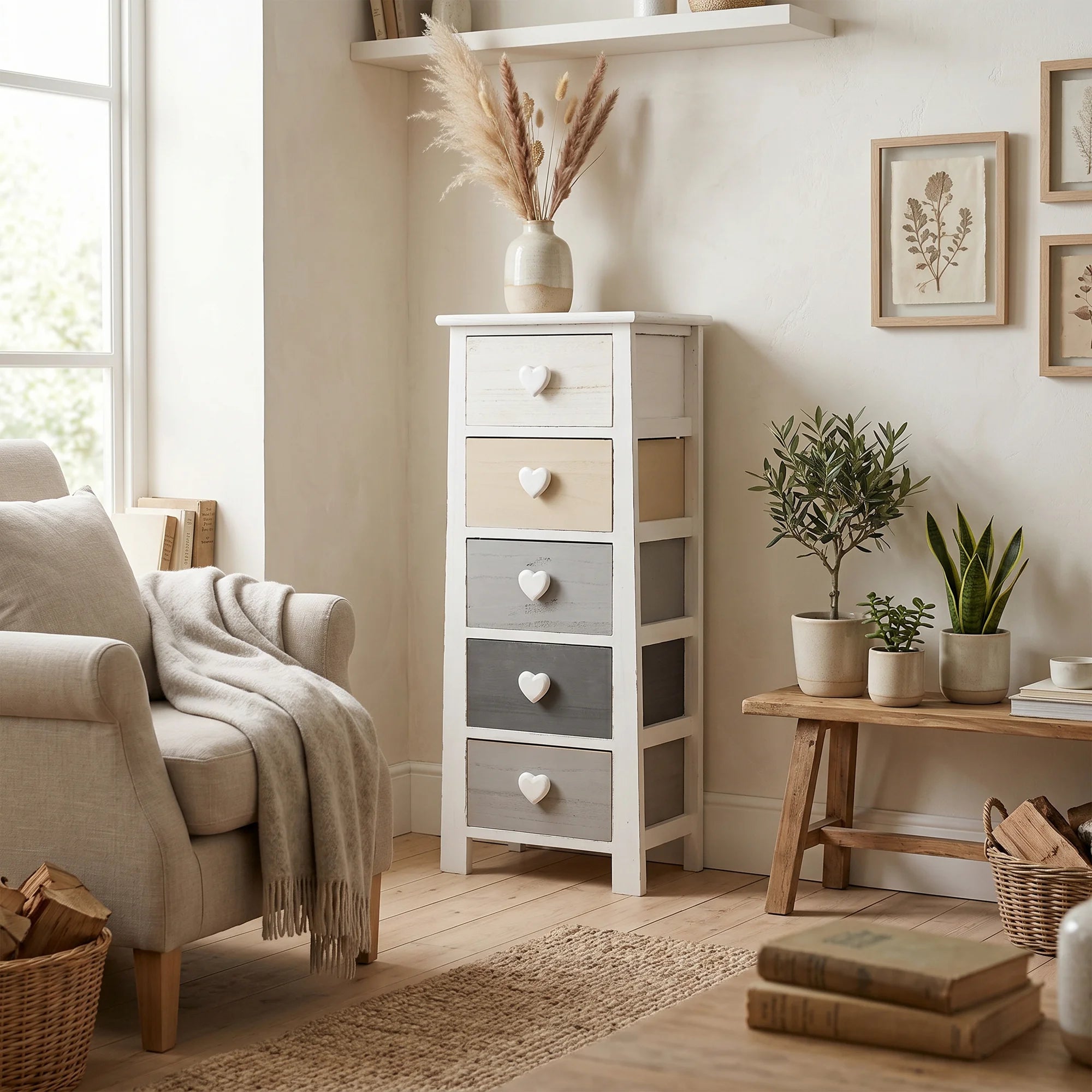 Lilla - Cassettiera stile shabby con pomelli a cuore e 5 cassetti