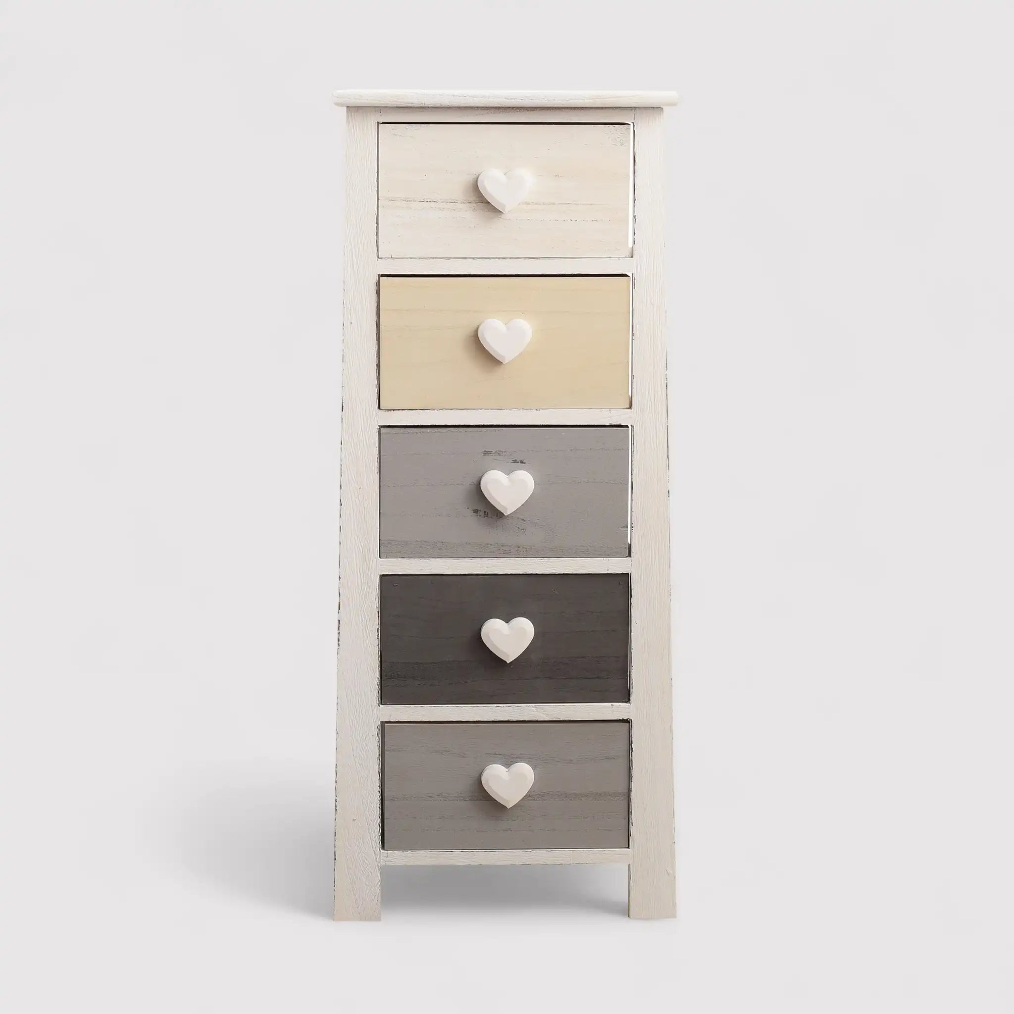 Lilla - Cassettiera stile shabby con pomelli a cuore e 5 cassetti