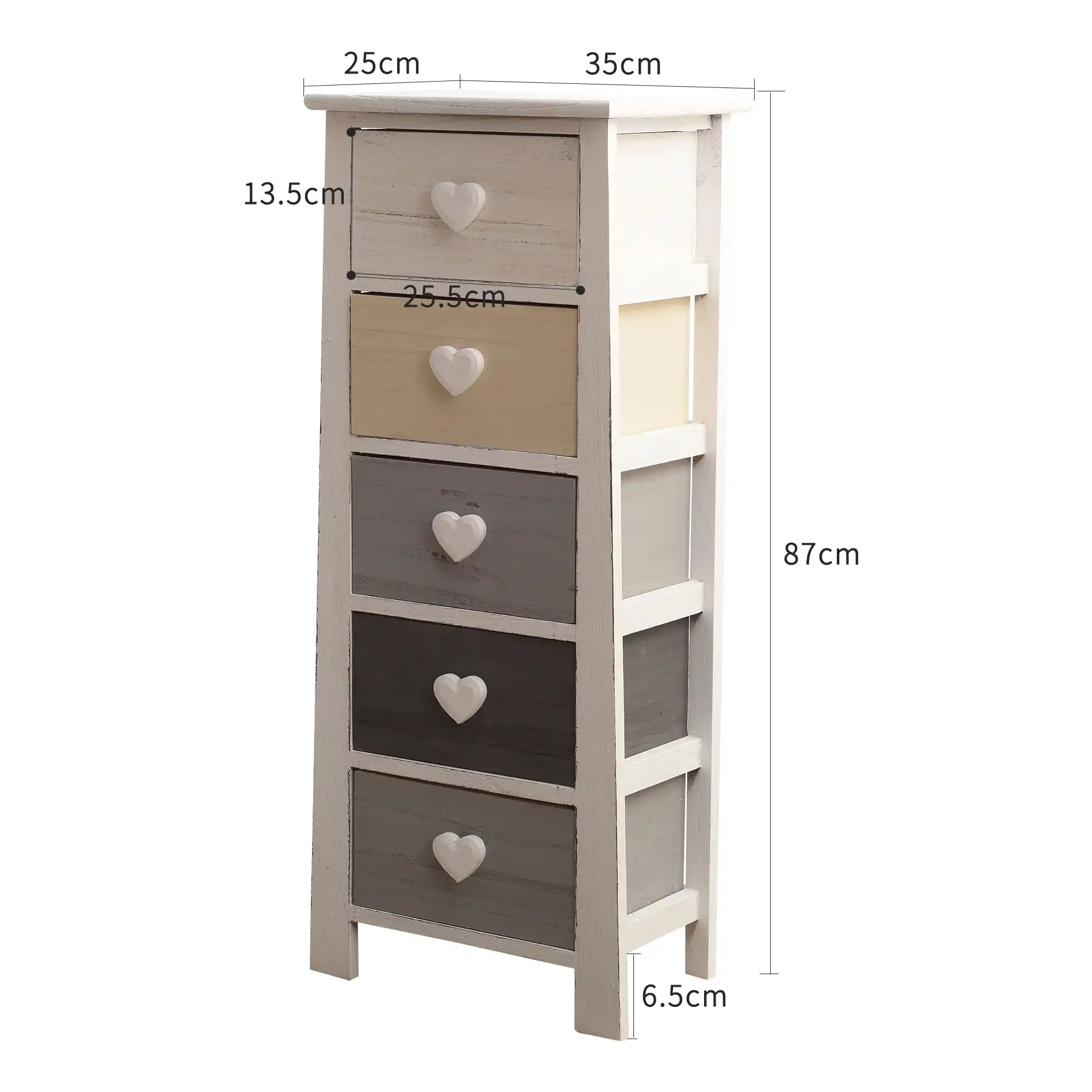 Lilla - Cassettiera stile shabby con pomelli a cuore e 5 cassetti