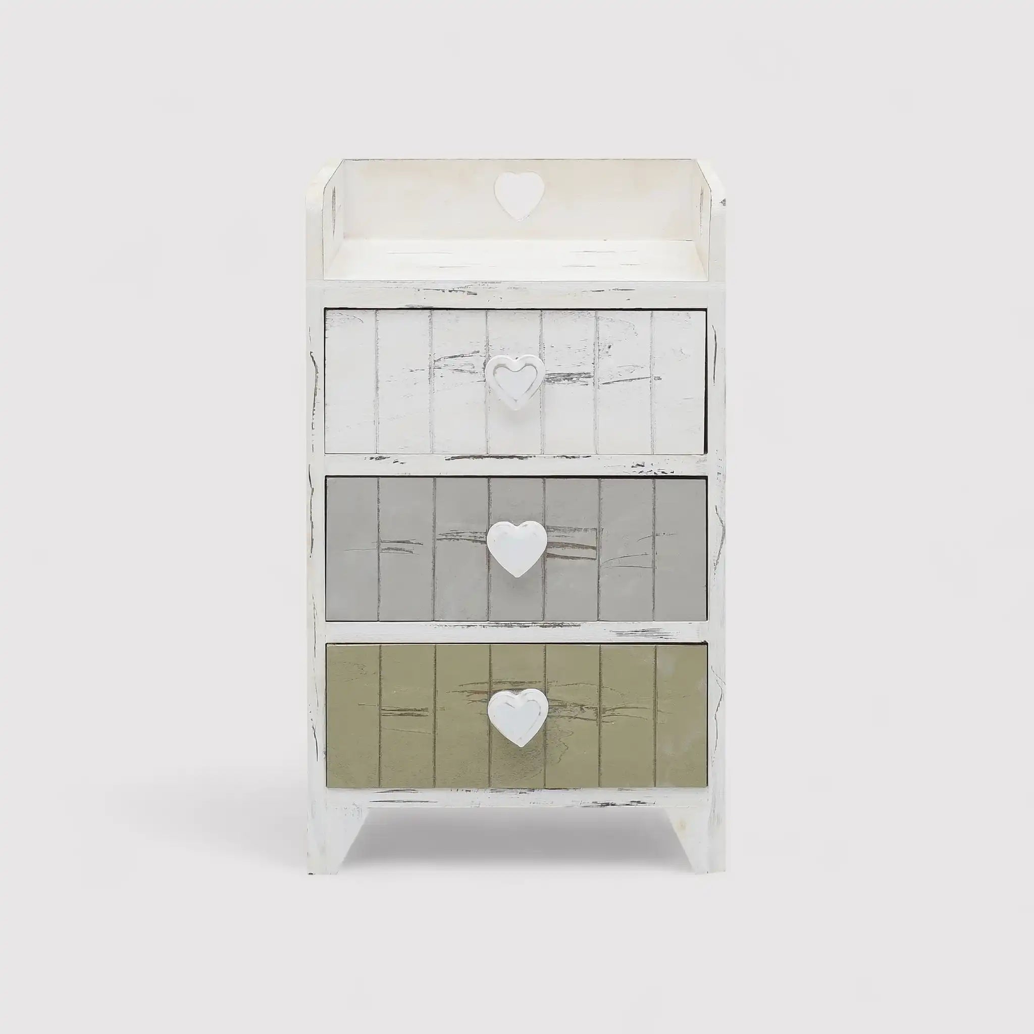 Table de nuit shabby chic grise et beige à 3 tiroirs