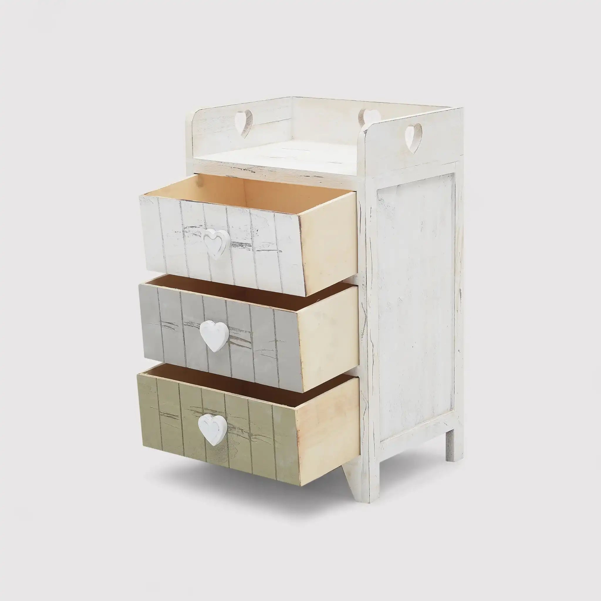 Table de nuit shabby chic grise et beige à 3 tiroirs