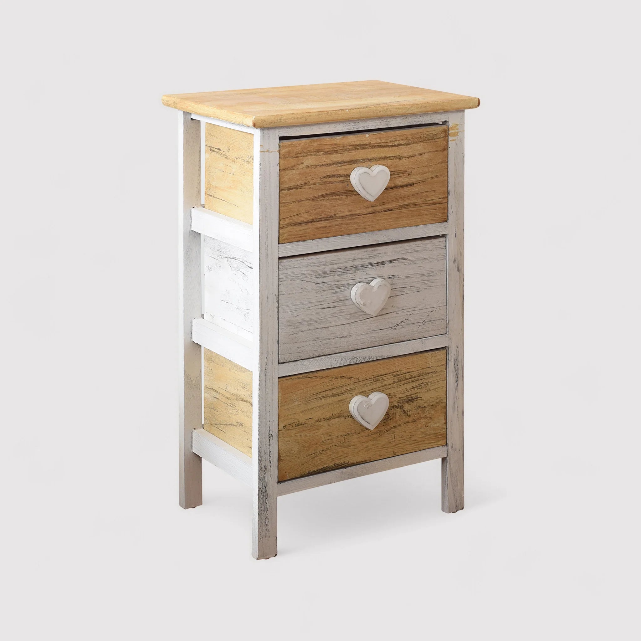 Mesita de noche shabby en blanco y beige con 3 cajones