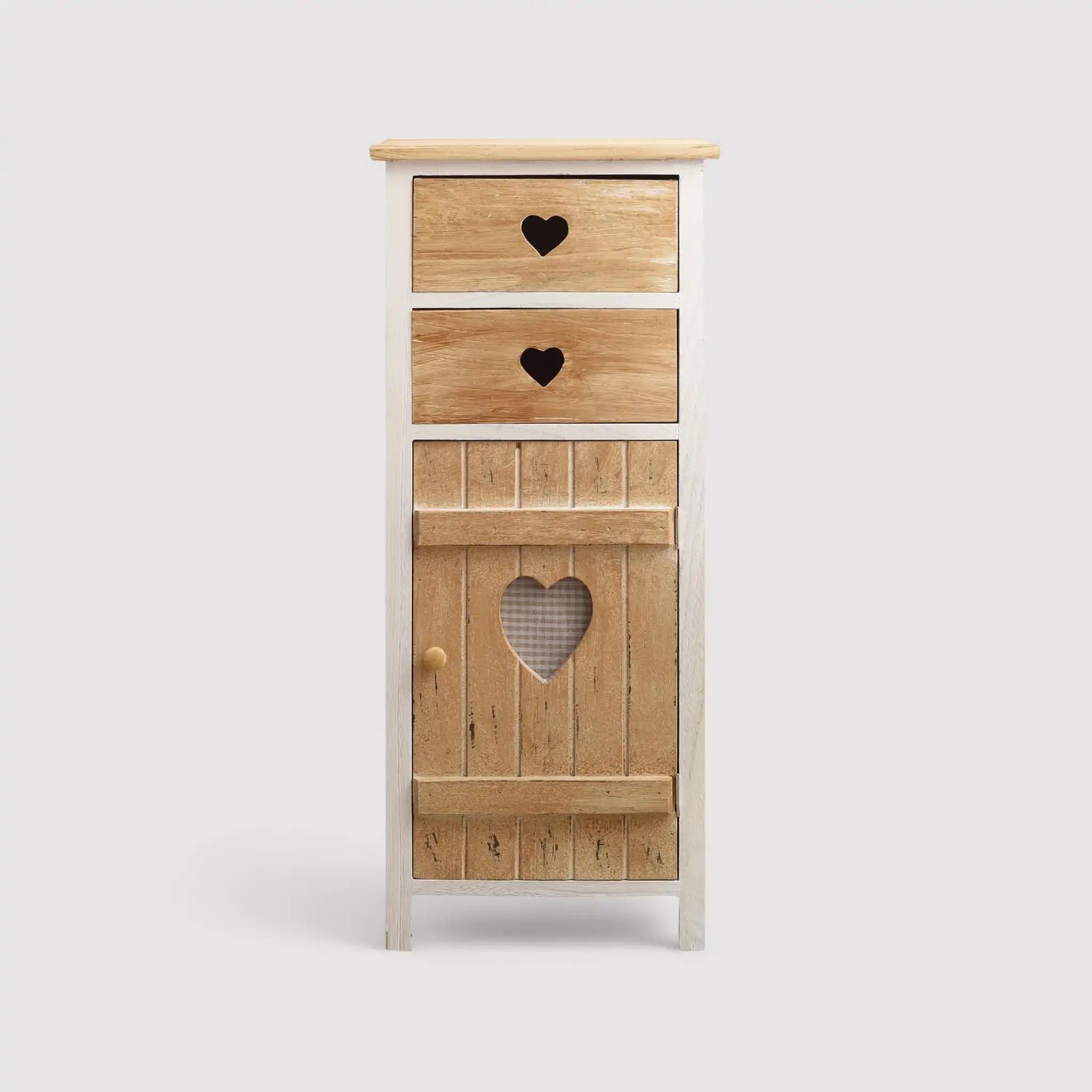 Shabby Schrank mit 1 Tür und 2 Schubladen mit Herzen