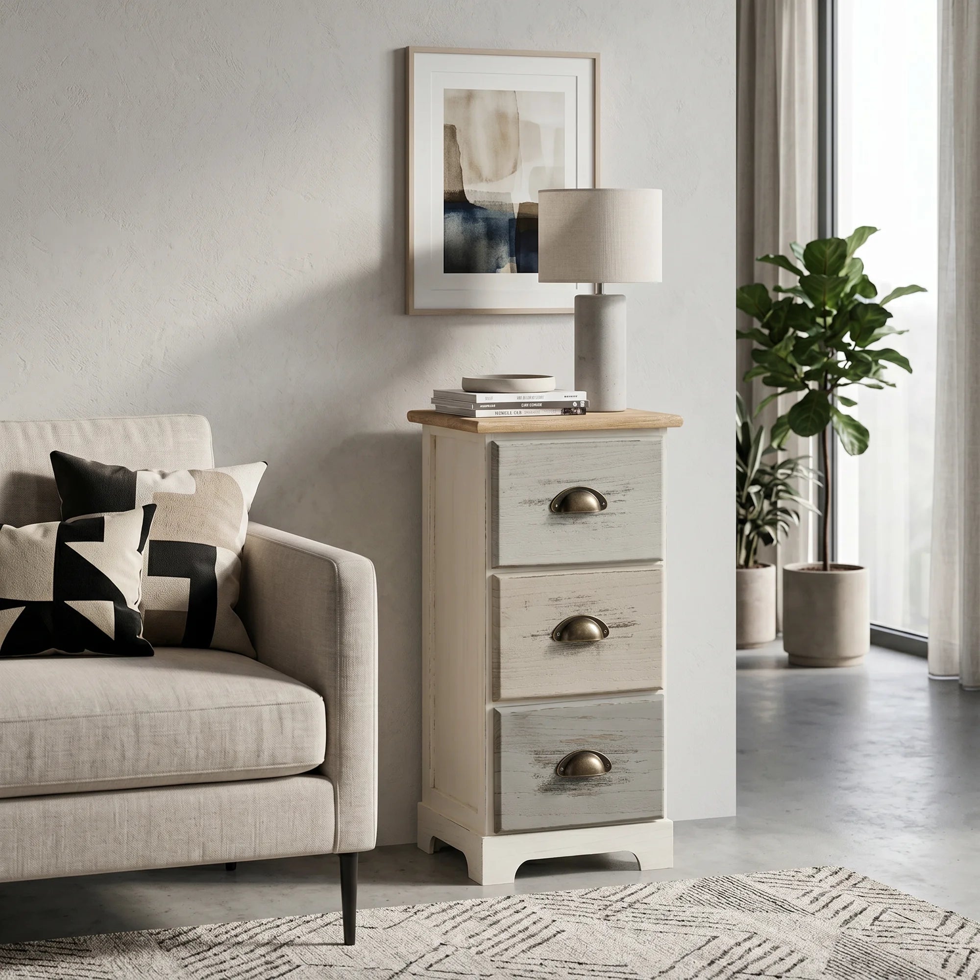 Muschio - Comodino shabby a 3 cassetti con pomelli anticati