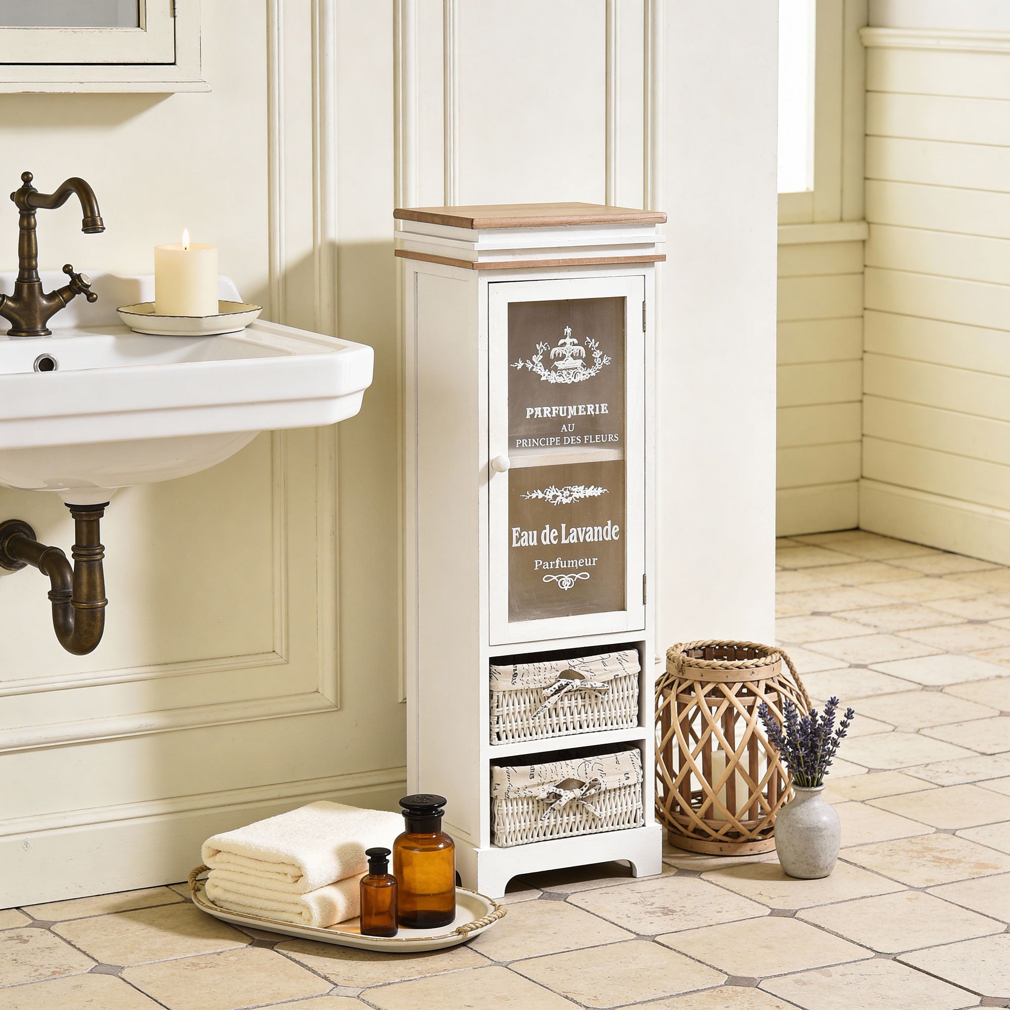 Shabby style cabinet with 1 door 2 wicker baskets