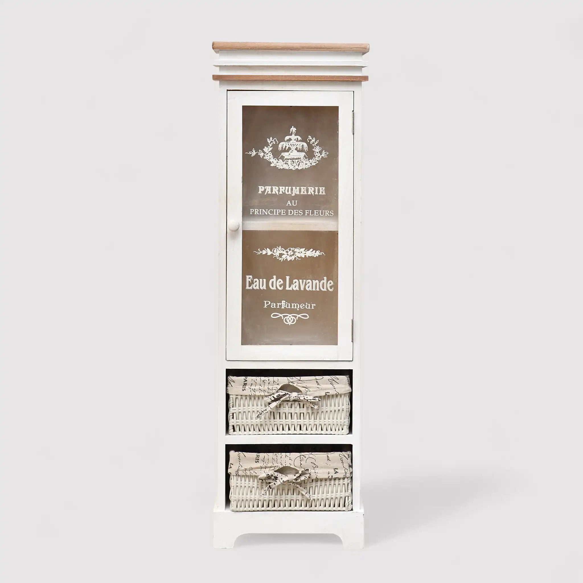 Lavanda - Vetrinetta shabby decorata con scritte con 1 anta e 2 cestini