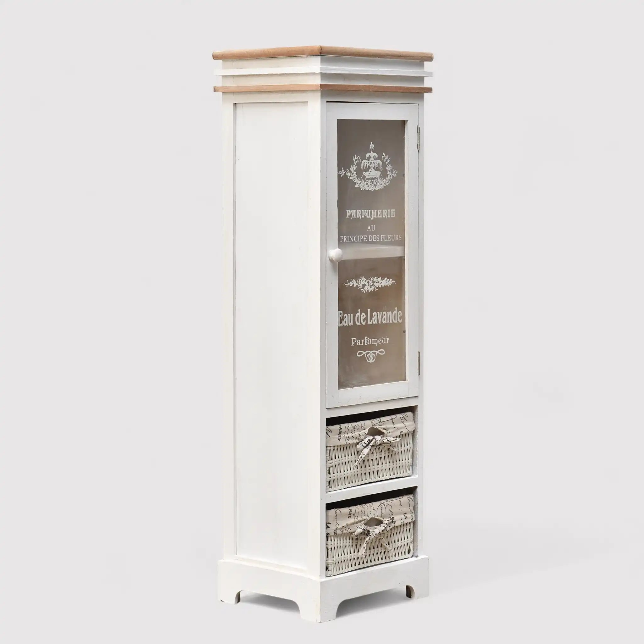 Lavanda - Vetrinetta shabby decorata con scritte con 1 anta e 2 cestini