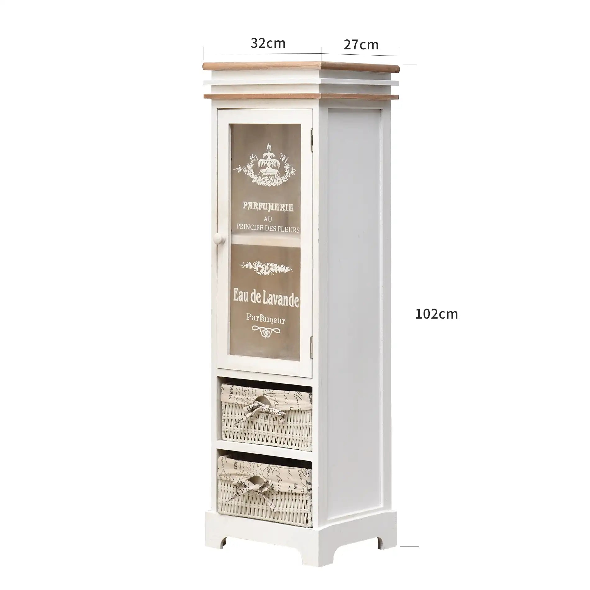 Lavanda - Vetrinetta shabby decorata con scritte con 1 anta e 2 cestini