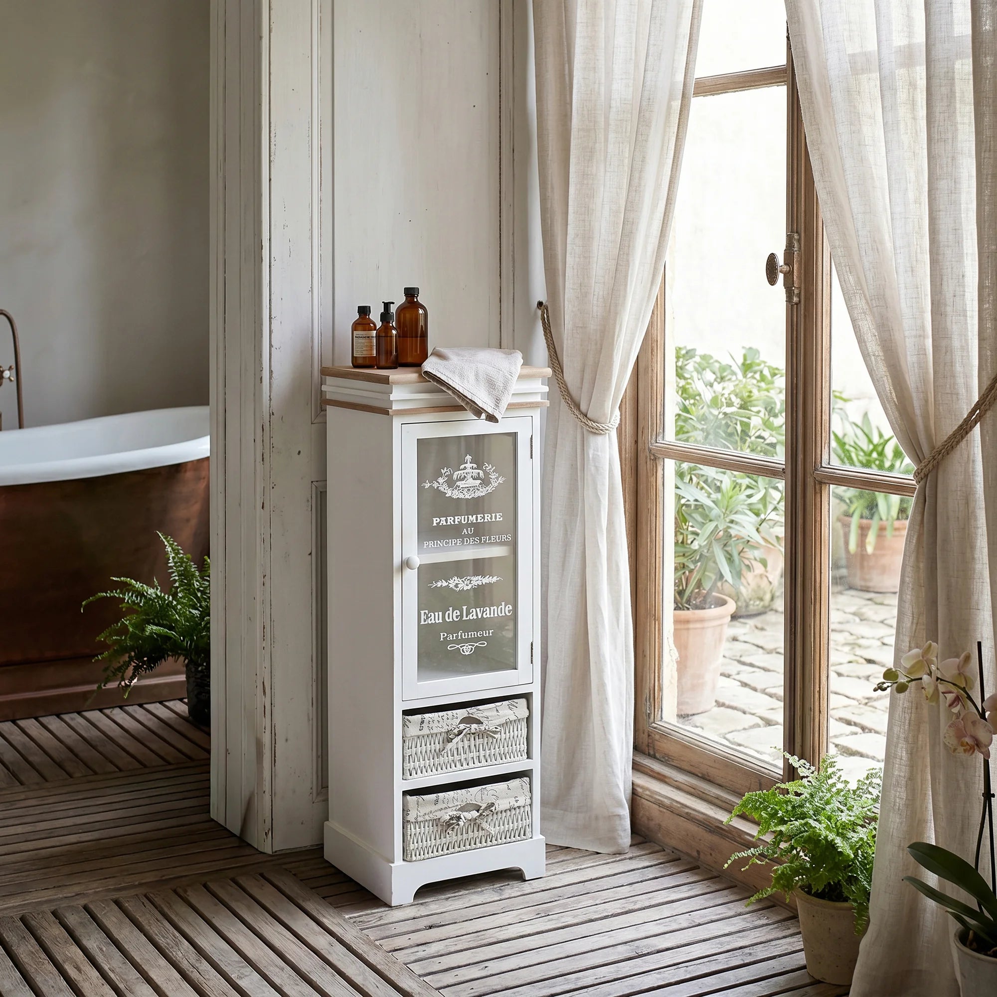 Lavanda - Vetrinetta shabby decorata con scritte con 1 anta e 2 cestini