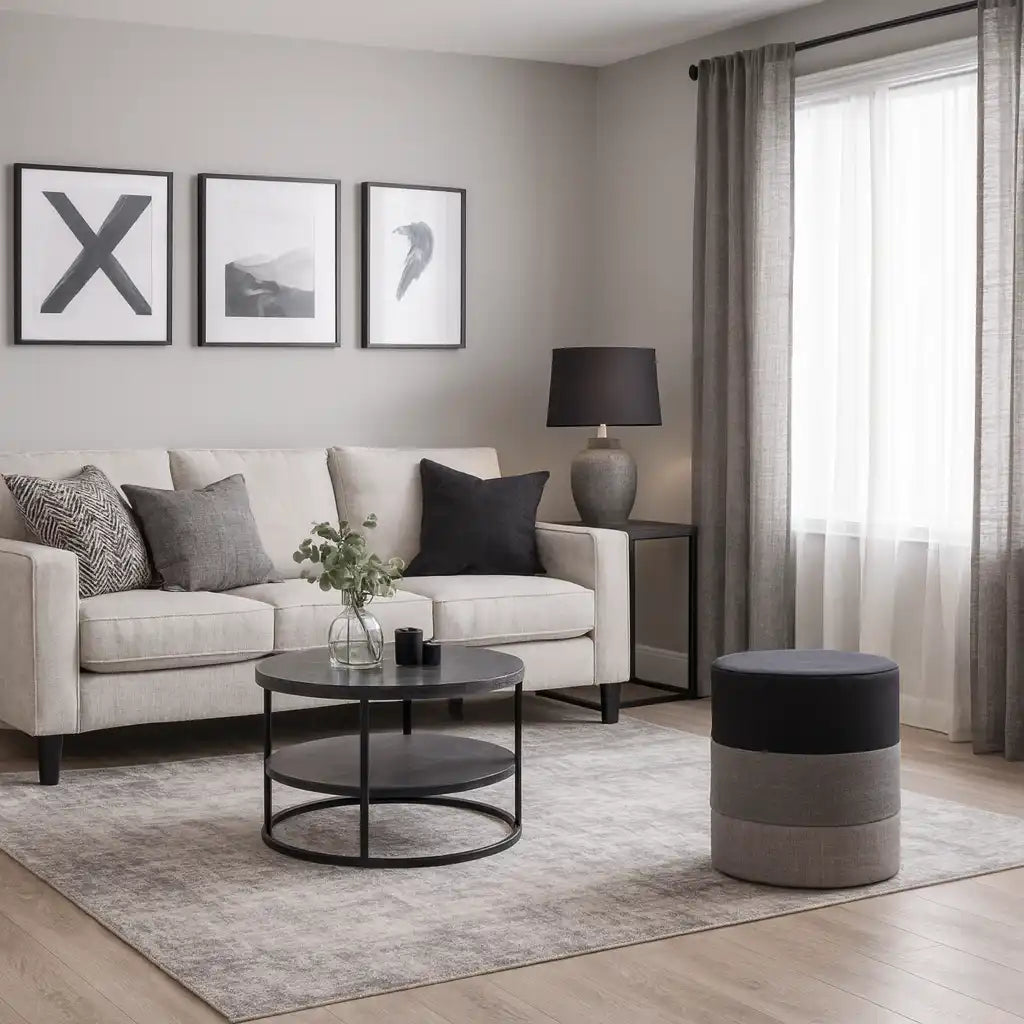 Crassula - Pouf rotondo imbottito a righe nero grigio e beige