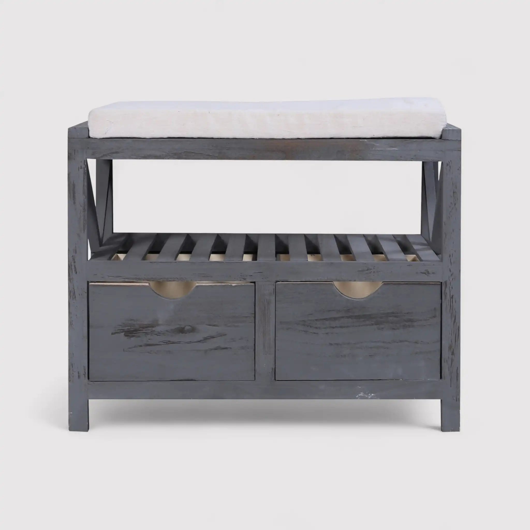 Lapacho - Panca da interno grigio scura in stile vintage con 2 cassetti