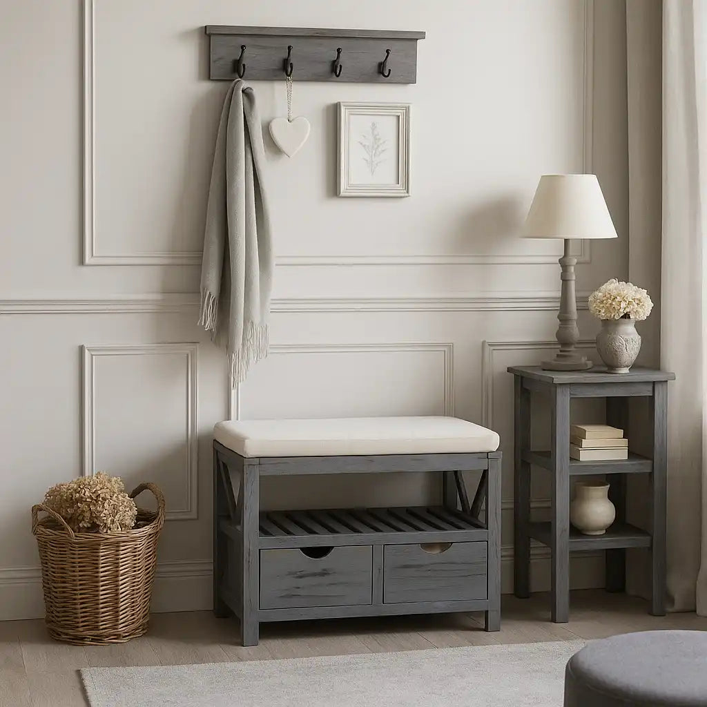 Lapacho - Panca da interno grigio scura in stile vintage con 2 cassetti