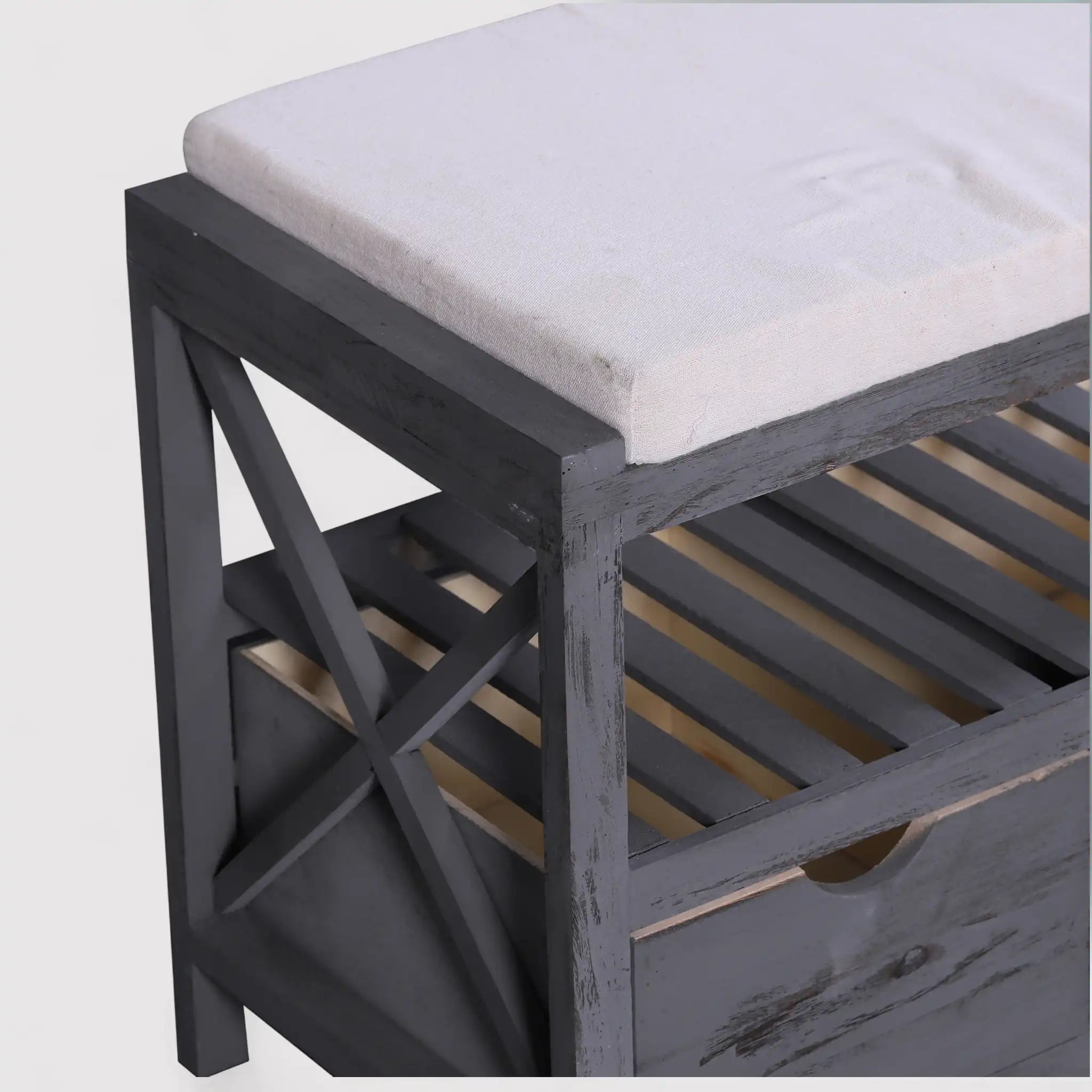 Lapacho - Panca da interno grigio scura in stile vintage con 2 cassetti