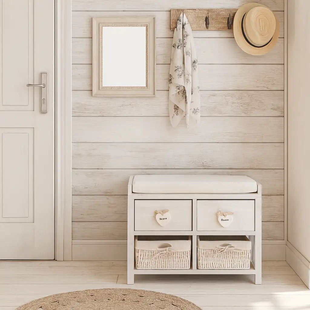 Altea - Panca contenitore shabby con 2 cassetti e 2 ceste