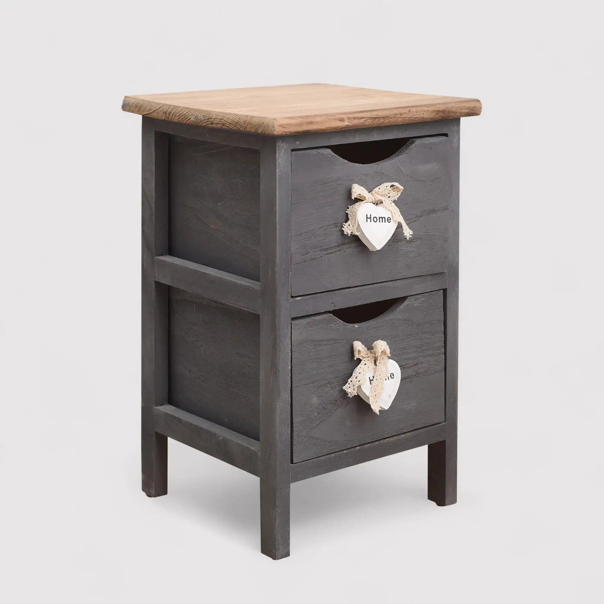 Olmaria - Piccolo comodino shabby grigio con 2 cassetti