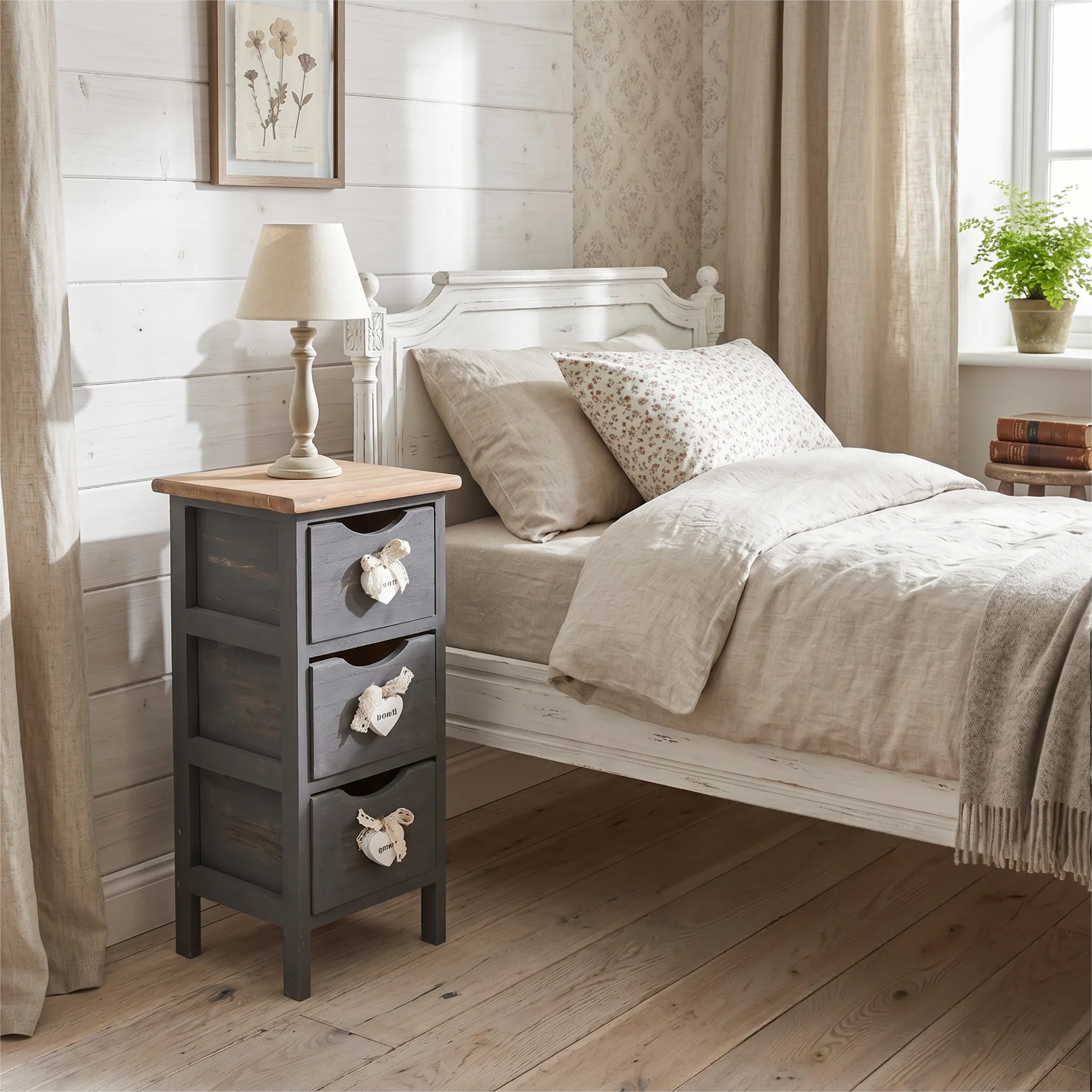 Table de chevet de style industrial noire et grise avec 3 tiroirs
