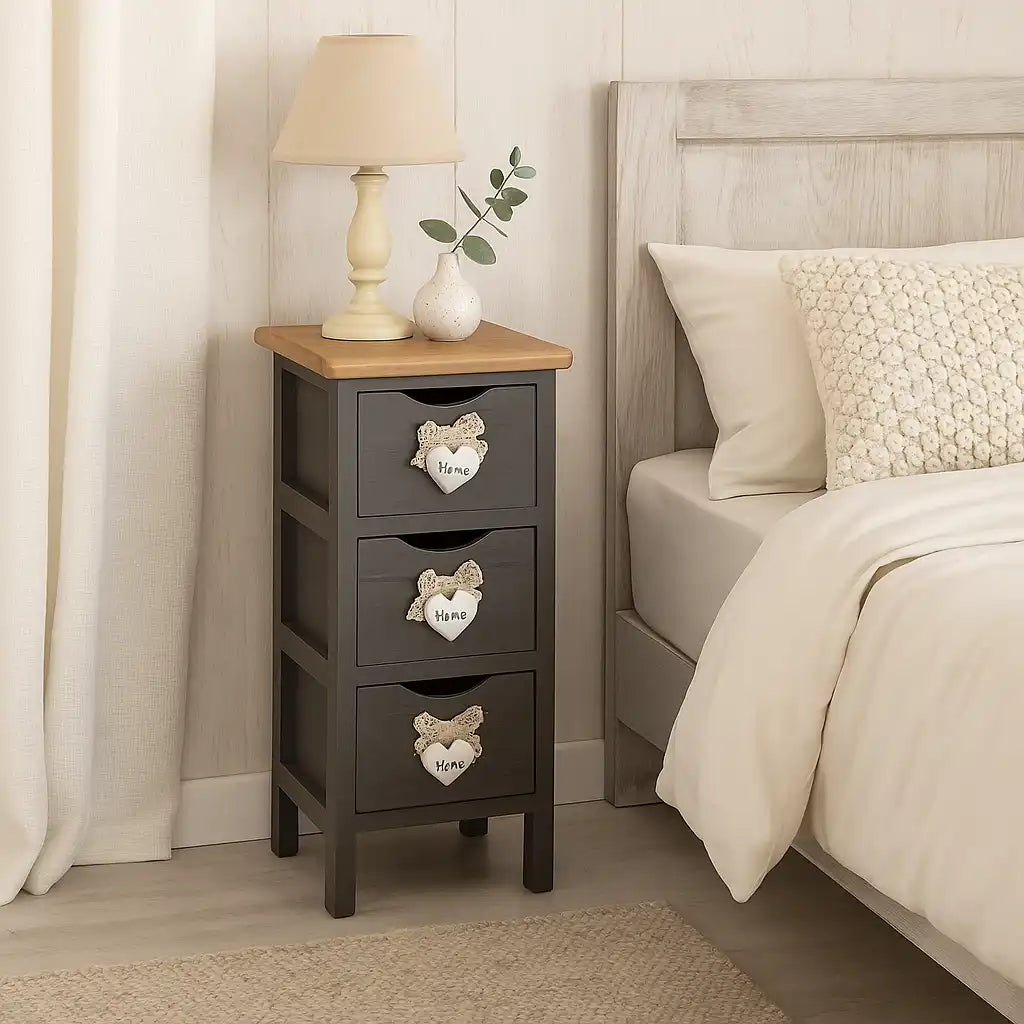 Gerbera - Comodino grigio scuro con 3 cassetti e cuori