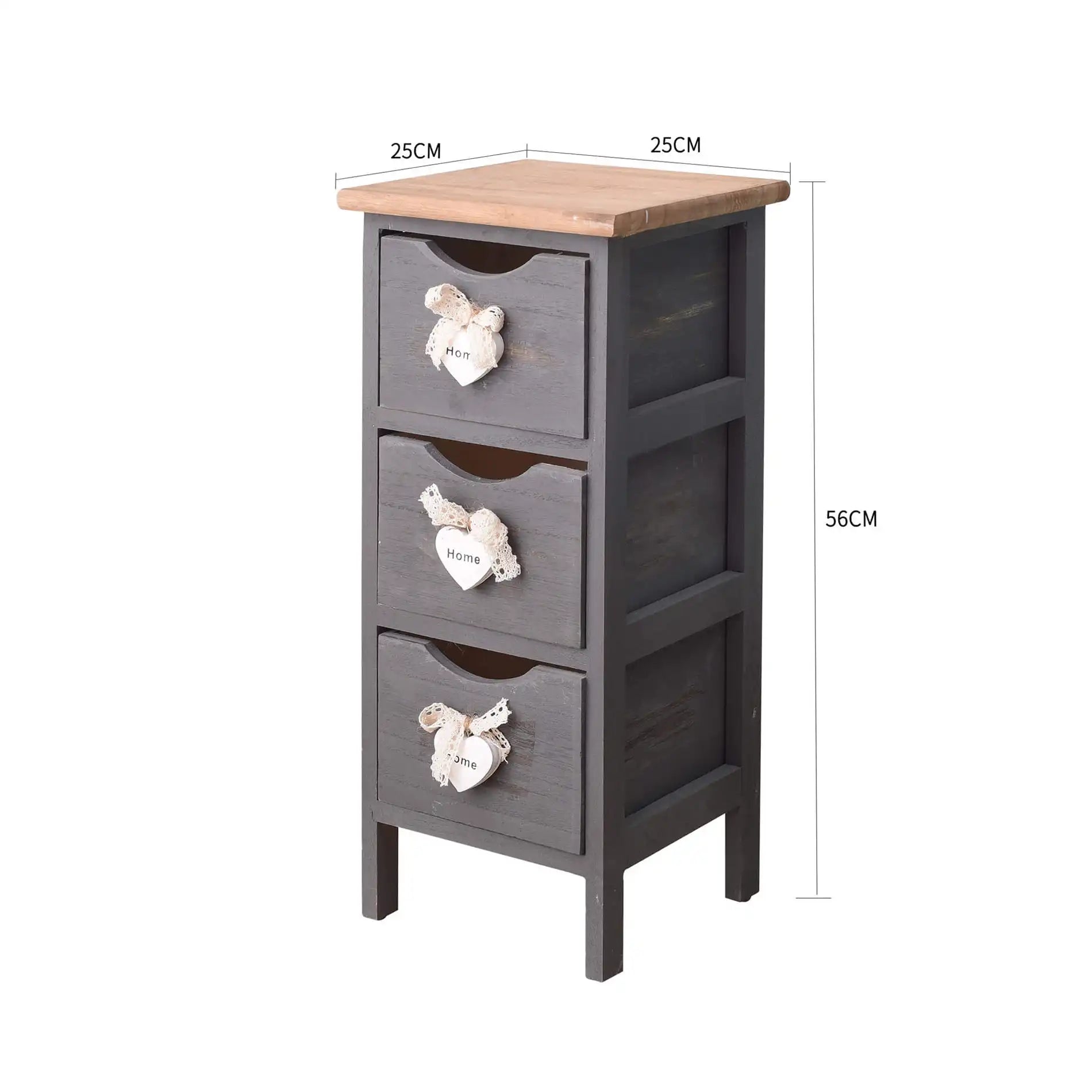 Gerbera - Comodino grigio scuro con 3 cassetti e cuori