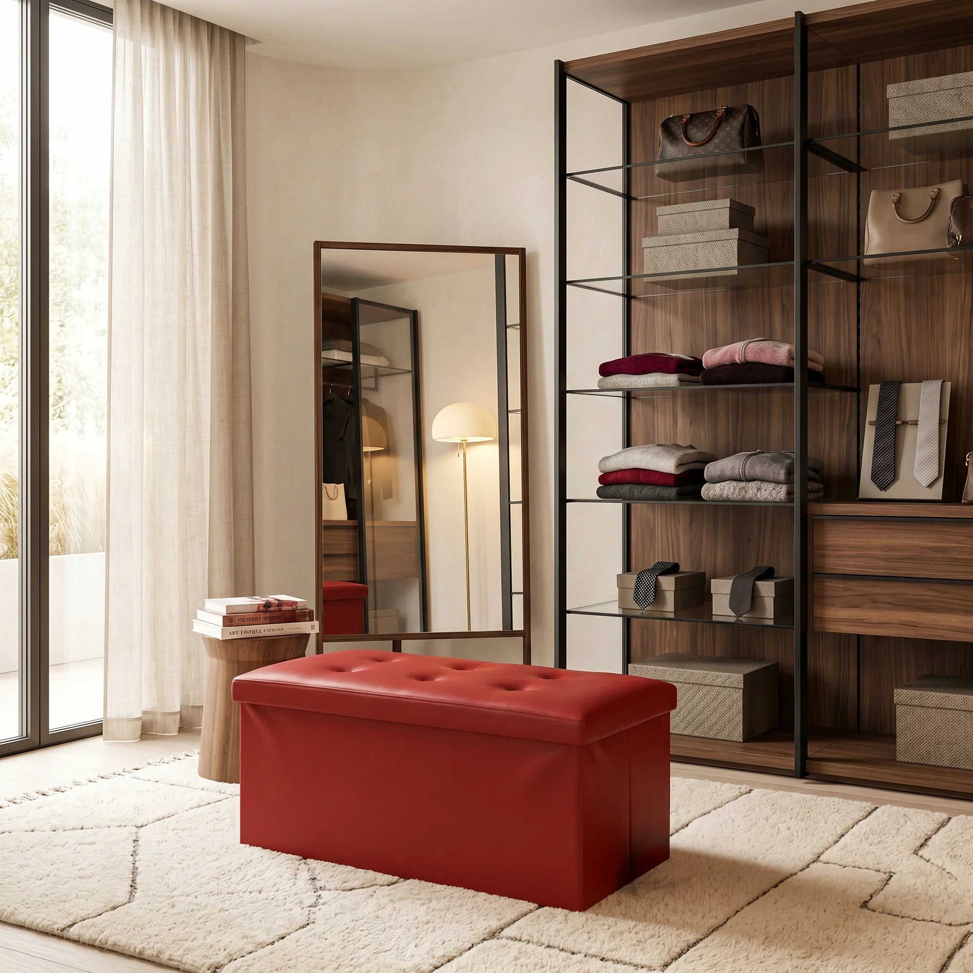 Calicanto - Pouf portaoggetti rosso imbottito con coperchio