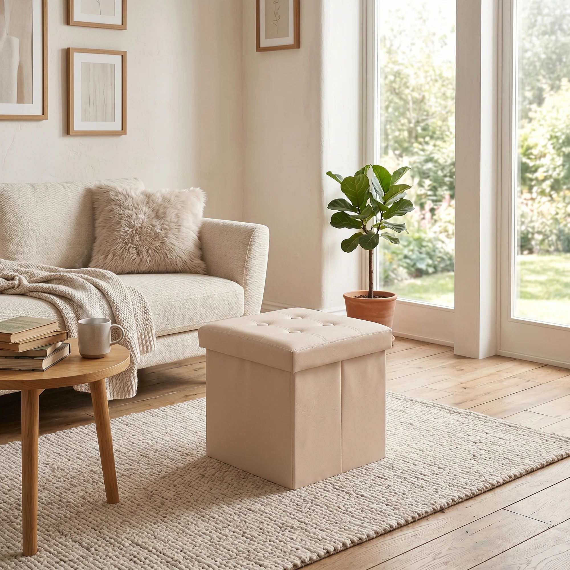 Kerria - Pouf beige ecopelle a cubo con contenitore