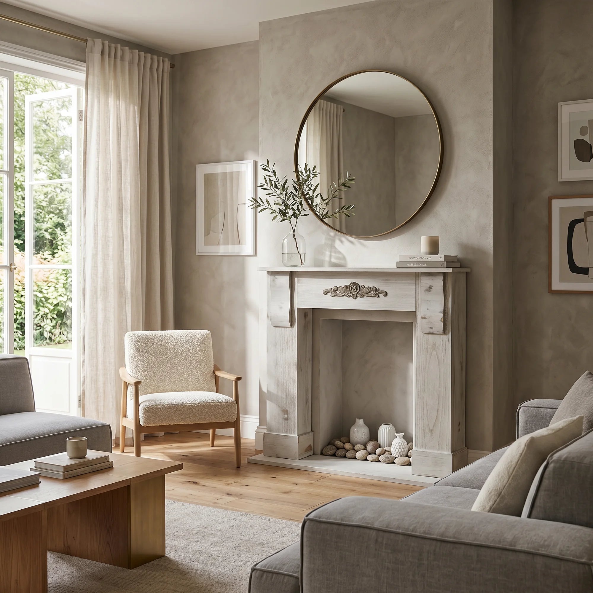 Marco de chimenea decorativo gris de estilo shabby