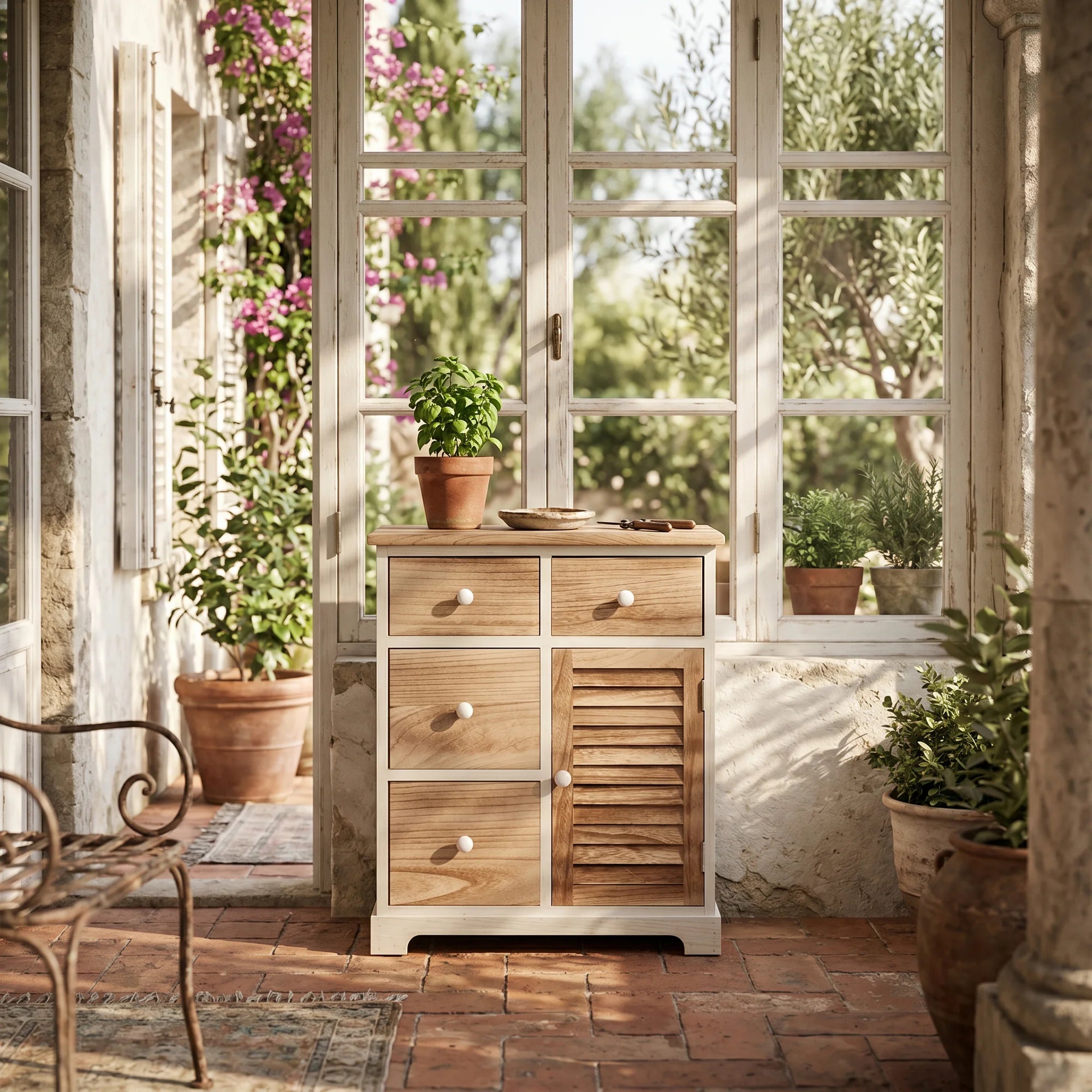 Lino - Credenza bianca con 4 cassetti e 1 anta marroni
