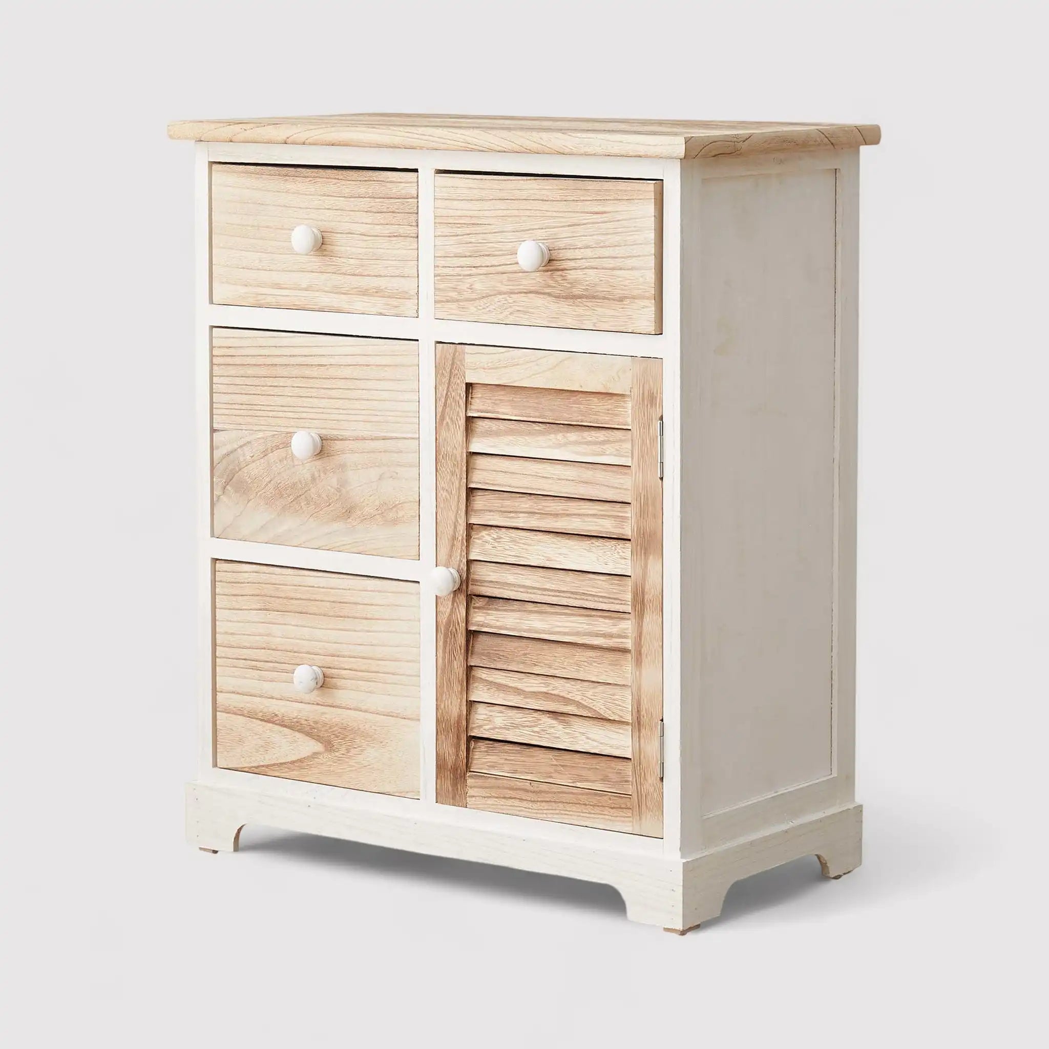 Lino - Credenza bianca con 4 cassetti e 1 anta marroni