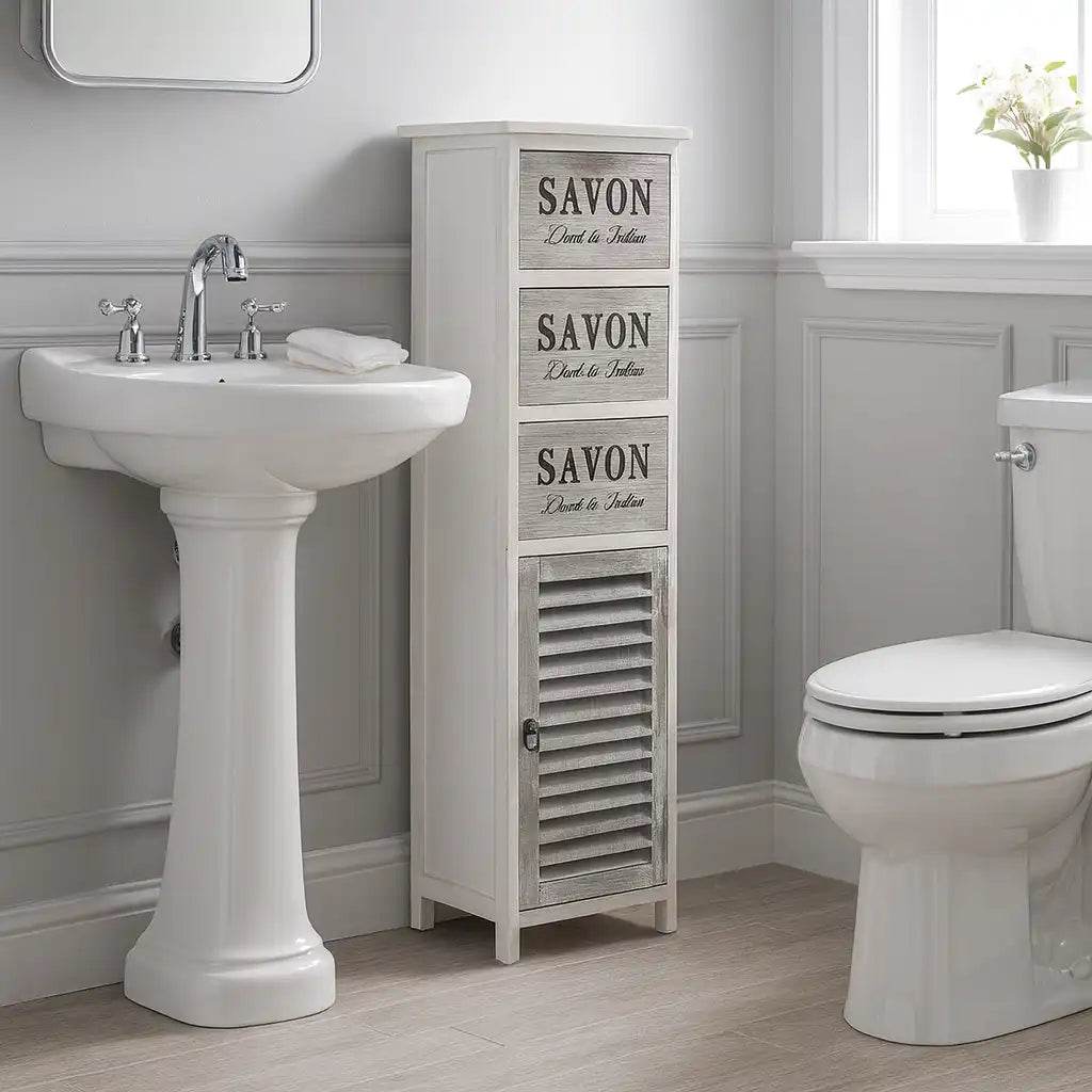 Begonia - Mobiletto bianco da bagno in legno decorato