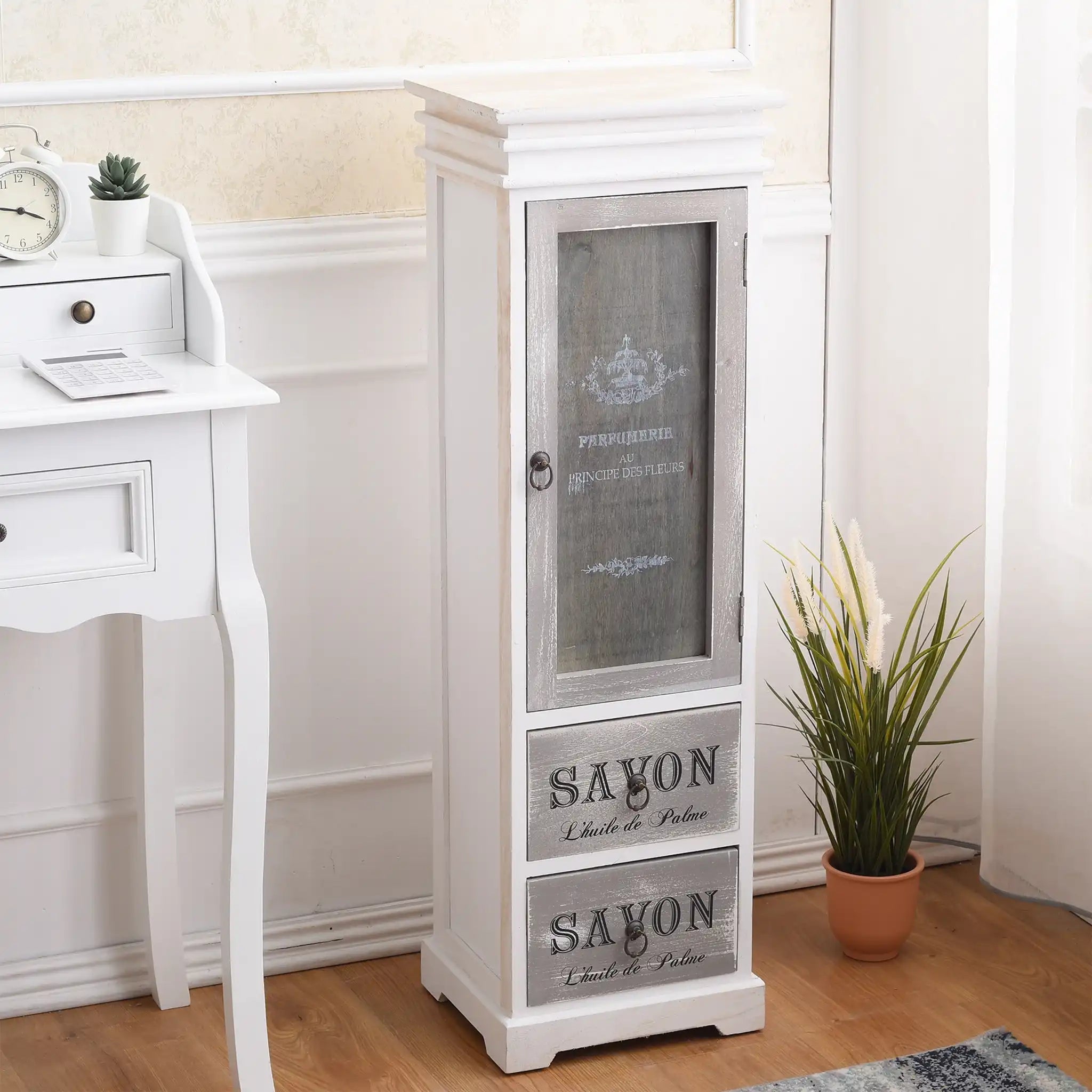 Armoire shabby avec écriture décorative avec 2 tiroirs et 1 porte