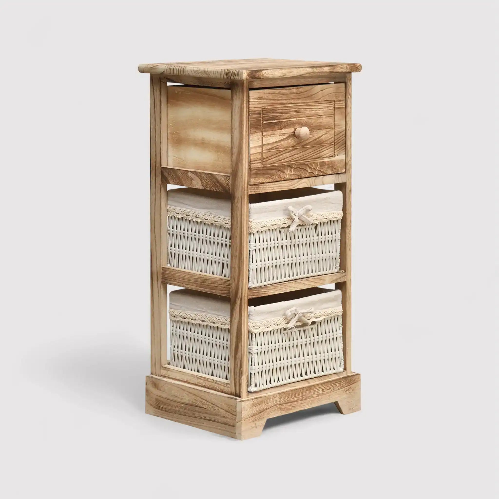 Cómoda pequeña con 3 cajones en madera clara y mimbre