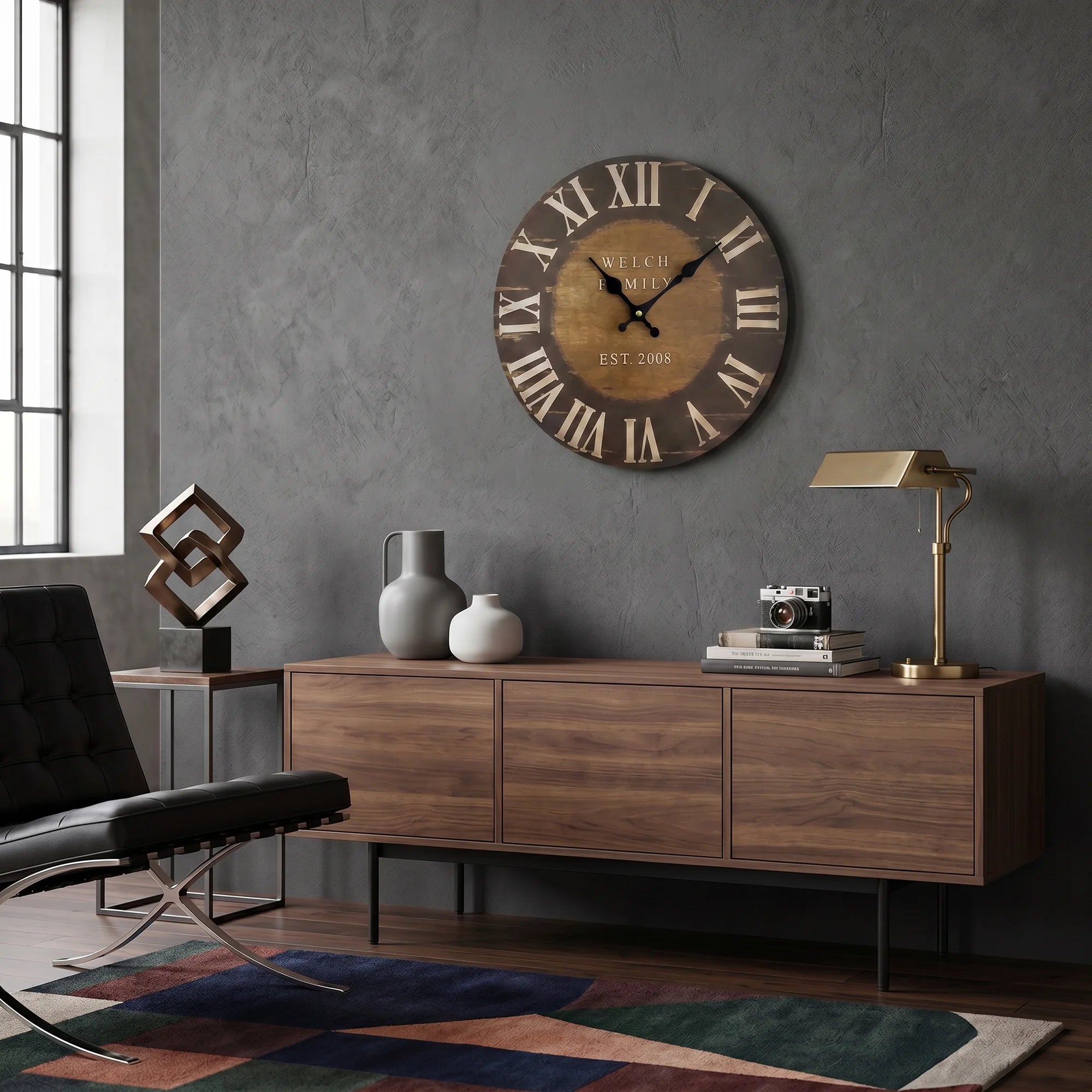 Camedrio - Orologio tondo in legno in stile industrial e vintage