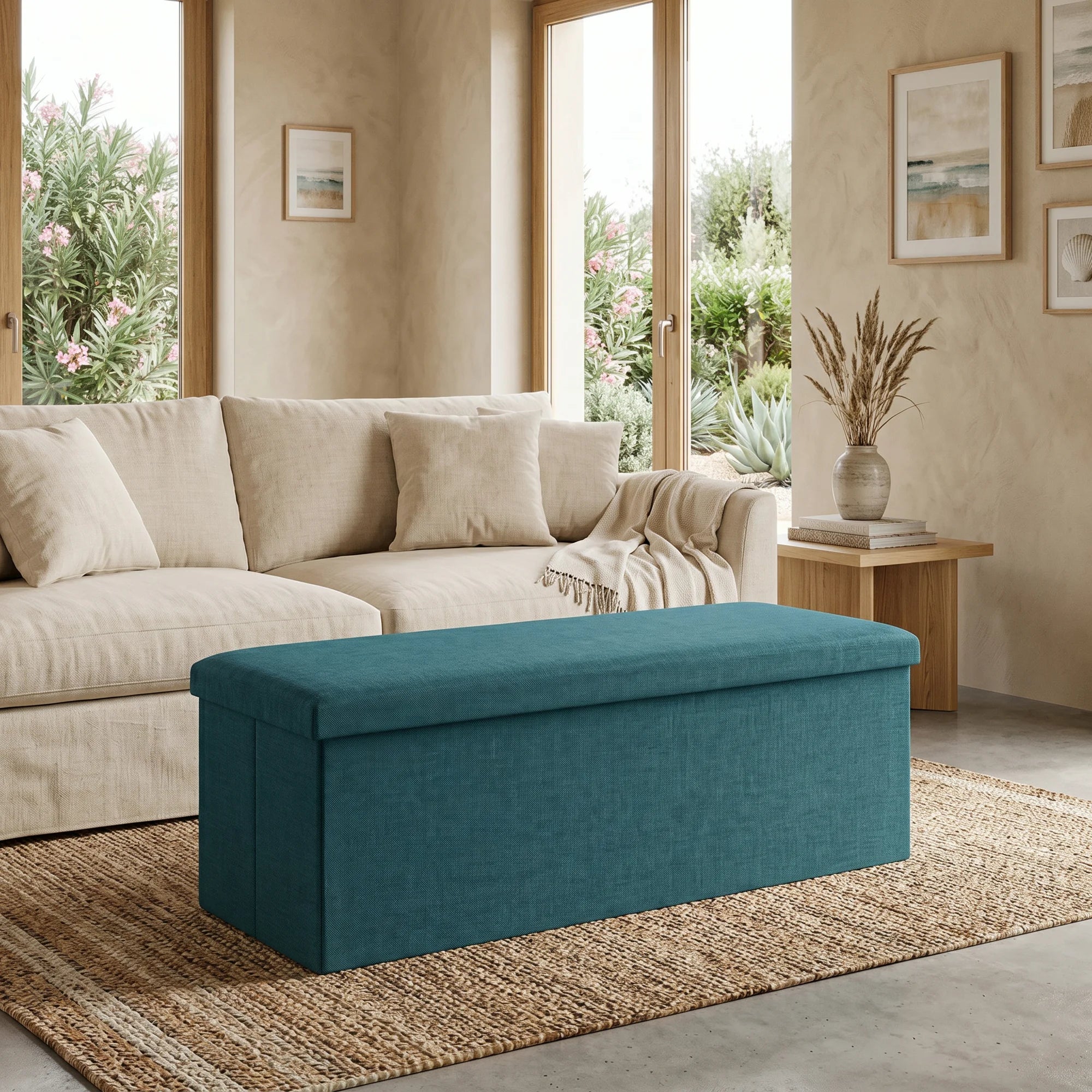 Ceiba - Pouf a panca contenitore azzurro in stile coastal
