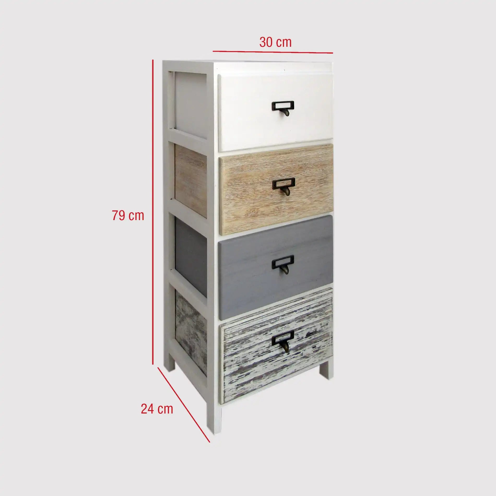 Bergenia - Cassettiera in arte povera con 4 cassetti colorati