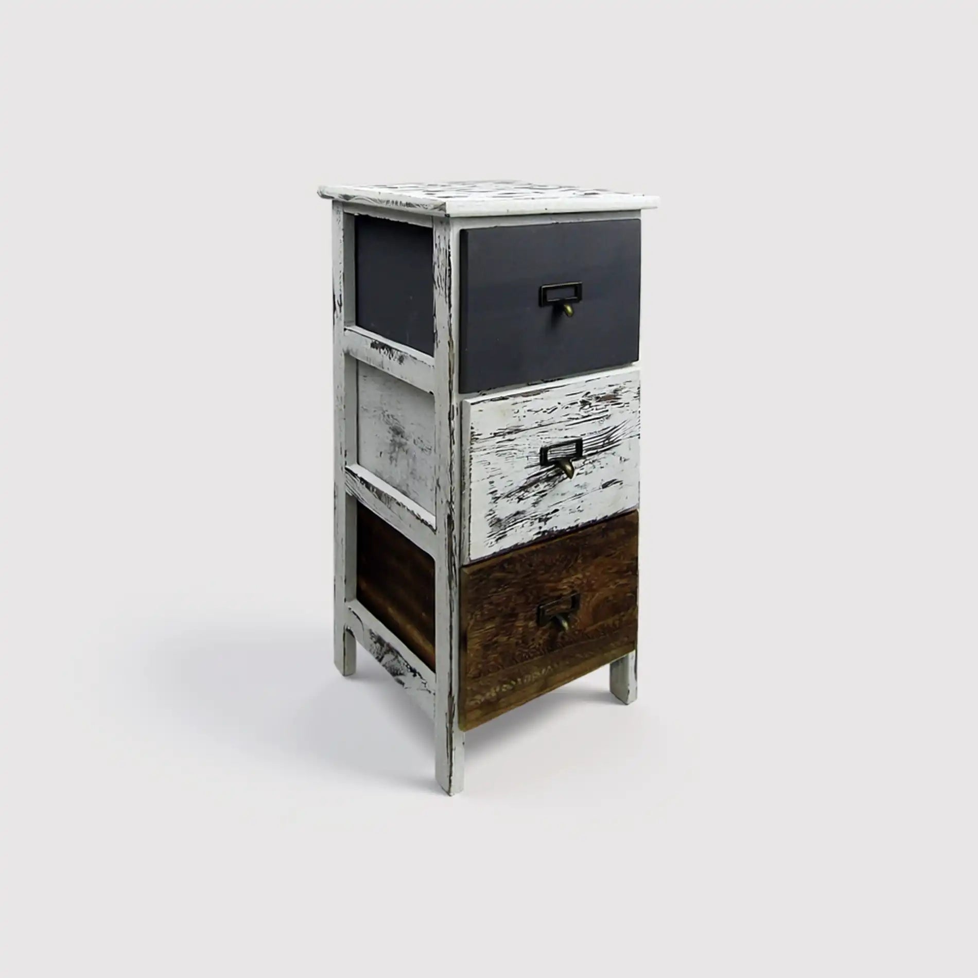 Celosia - Comodino decapato marrone e grigio con 3 cassetti