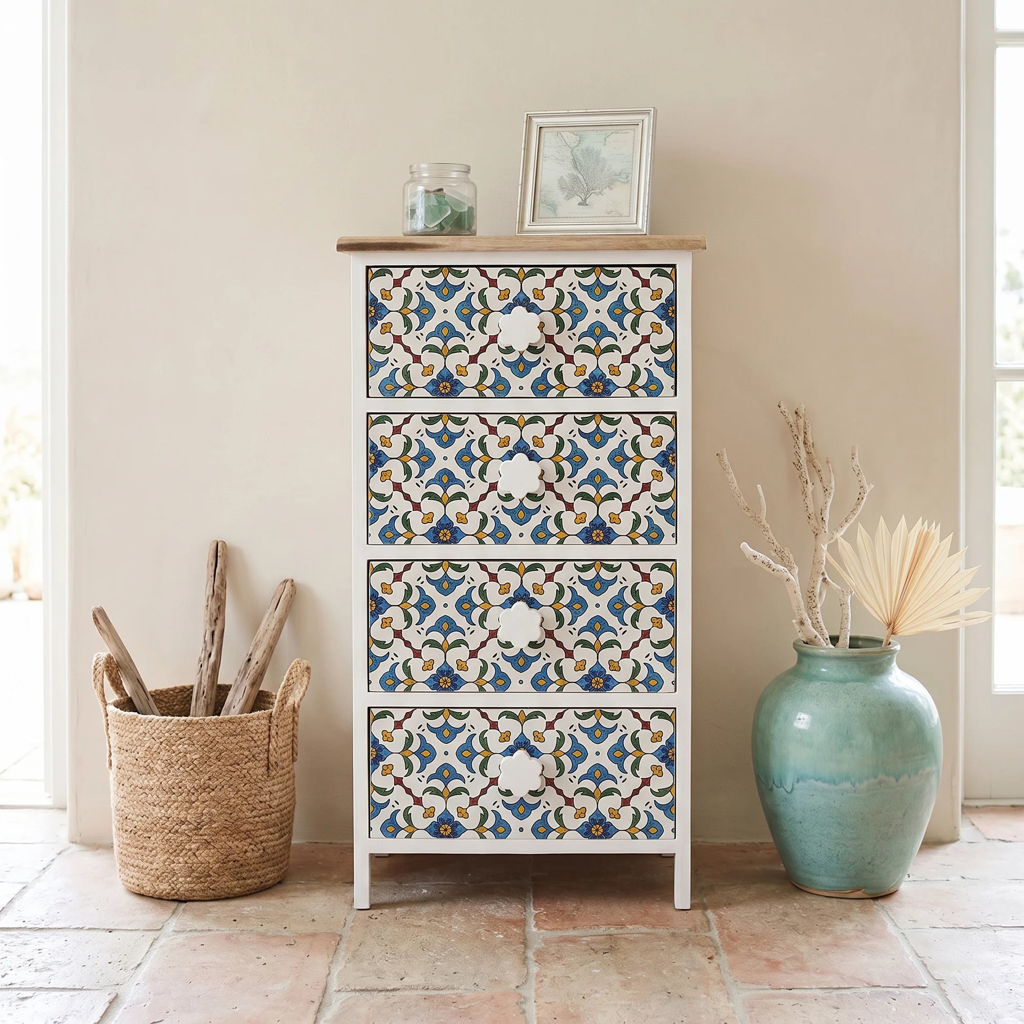 Sparto - Cassettiera in stile mediterraneo con 4 cassetti
